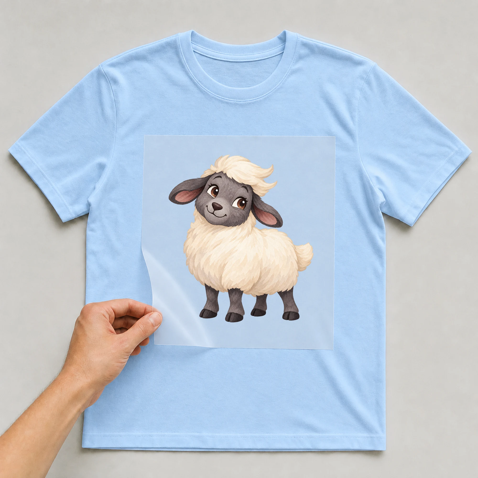 Bügelbild „Schafe Ohne Locken“ auf babyblauem T-Shirt, Folie wird aufgelegt