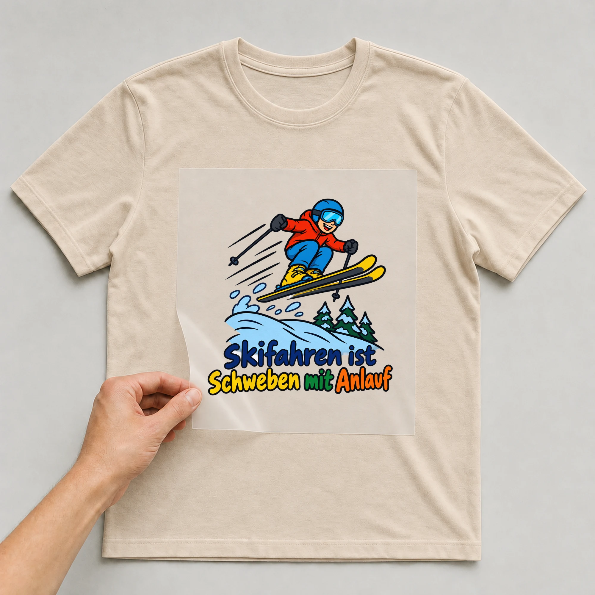 Bügelbild „Skifahren ist Schweben mit Anlauf“ auf beigem T-Shirt, Folie wird aufgelegt