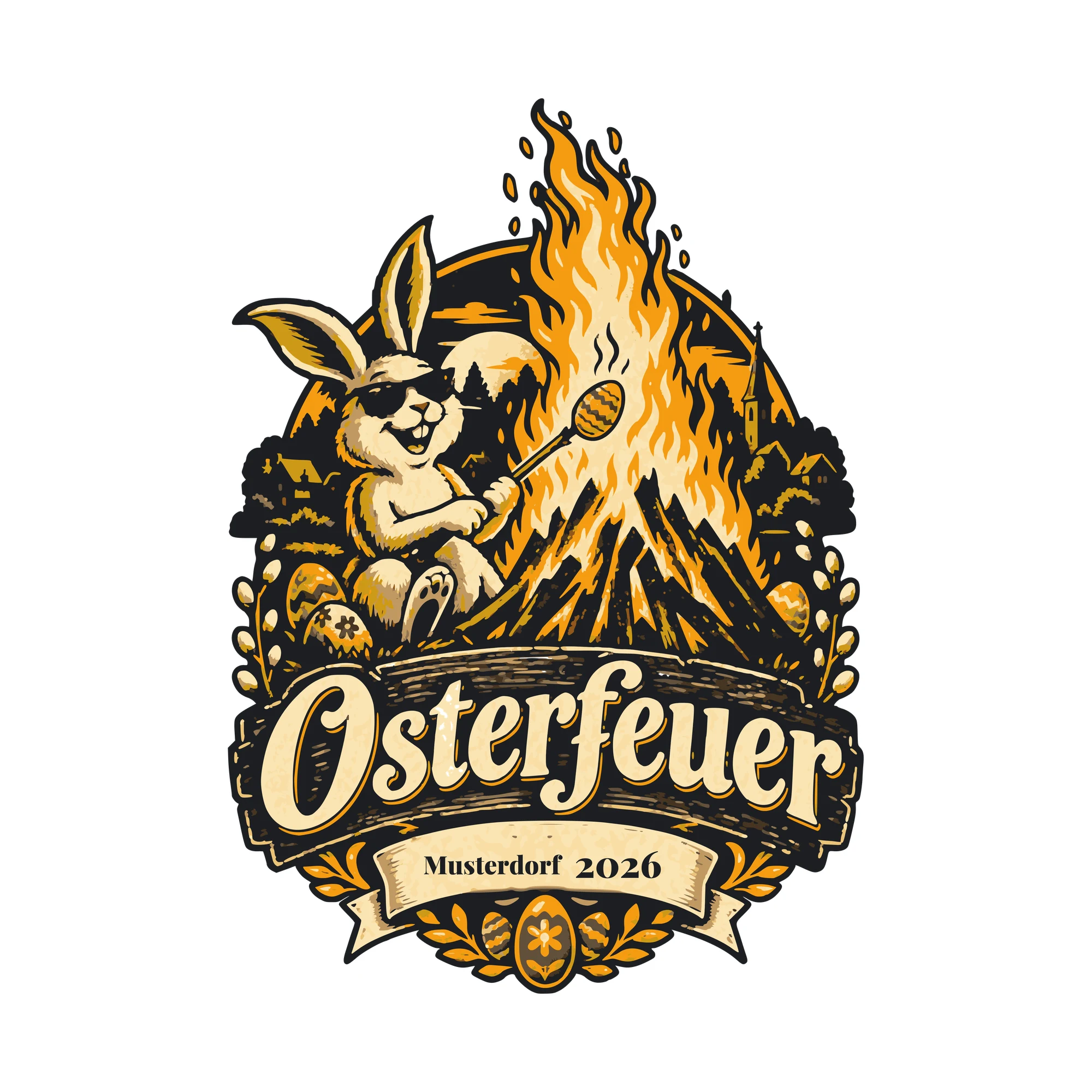 Bügelbild Osterfeuer mit Ort und Jahr als Grafik auf weißem Hintergrund (BB011264)