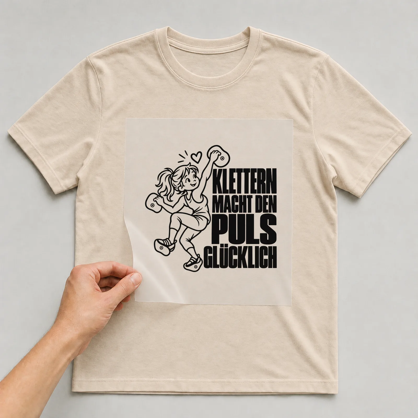 Bügelbild „Klettern macht den Puls glücklich“ auf beigem T-Shirt, Folie wird aufgelegt