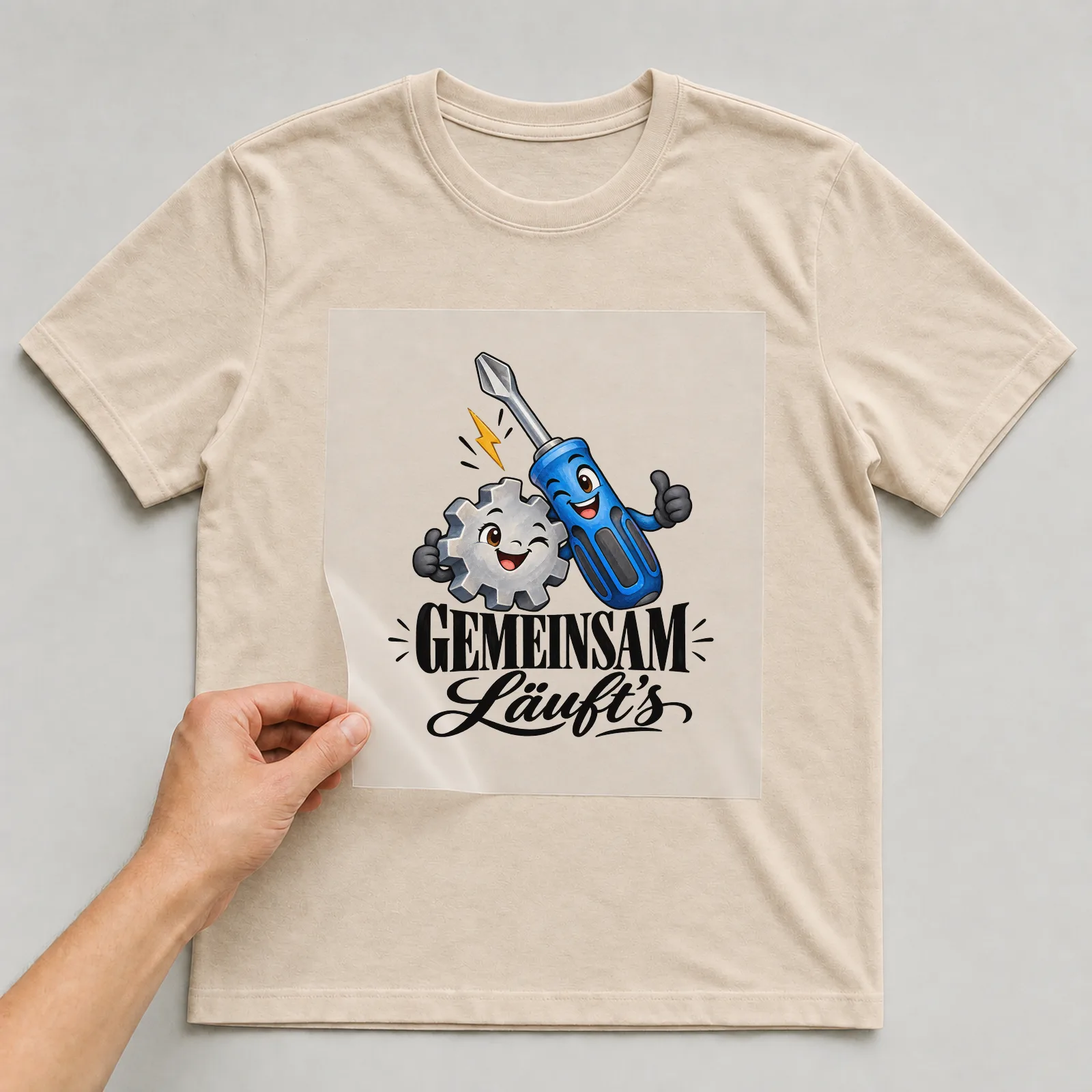 Bügelbild „Gemeinsam läuft’s“ auf beigem T-Shirt, Folie wird aufgelegt