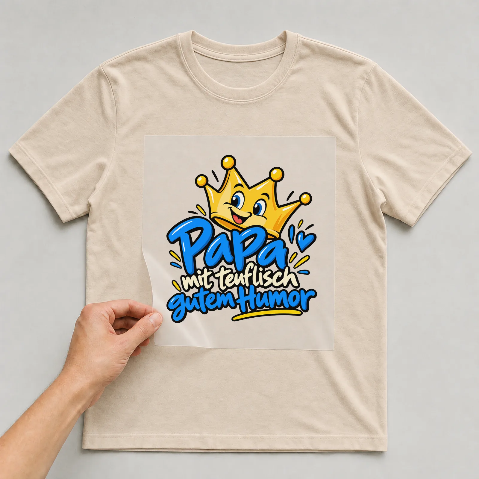 Bügelbild „Papa mit teuflisch gutem Humor“ auf beigem T-Shirt, Folie wird aufgelegt