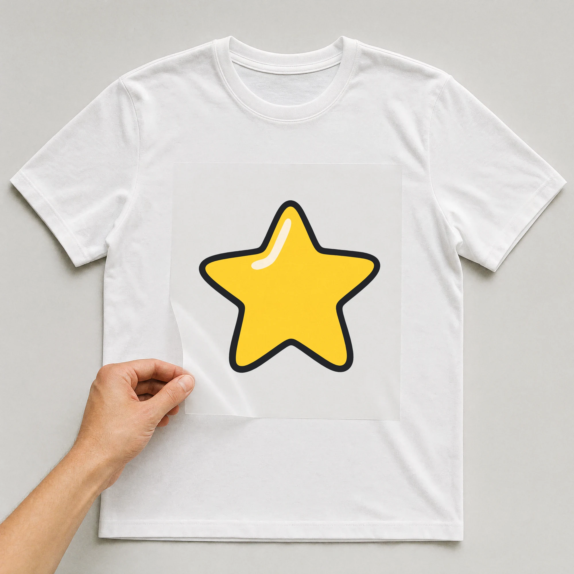 Bügelbild „Stern“ auf weißem T-Shirt, Folie wird aufgelegt