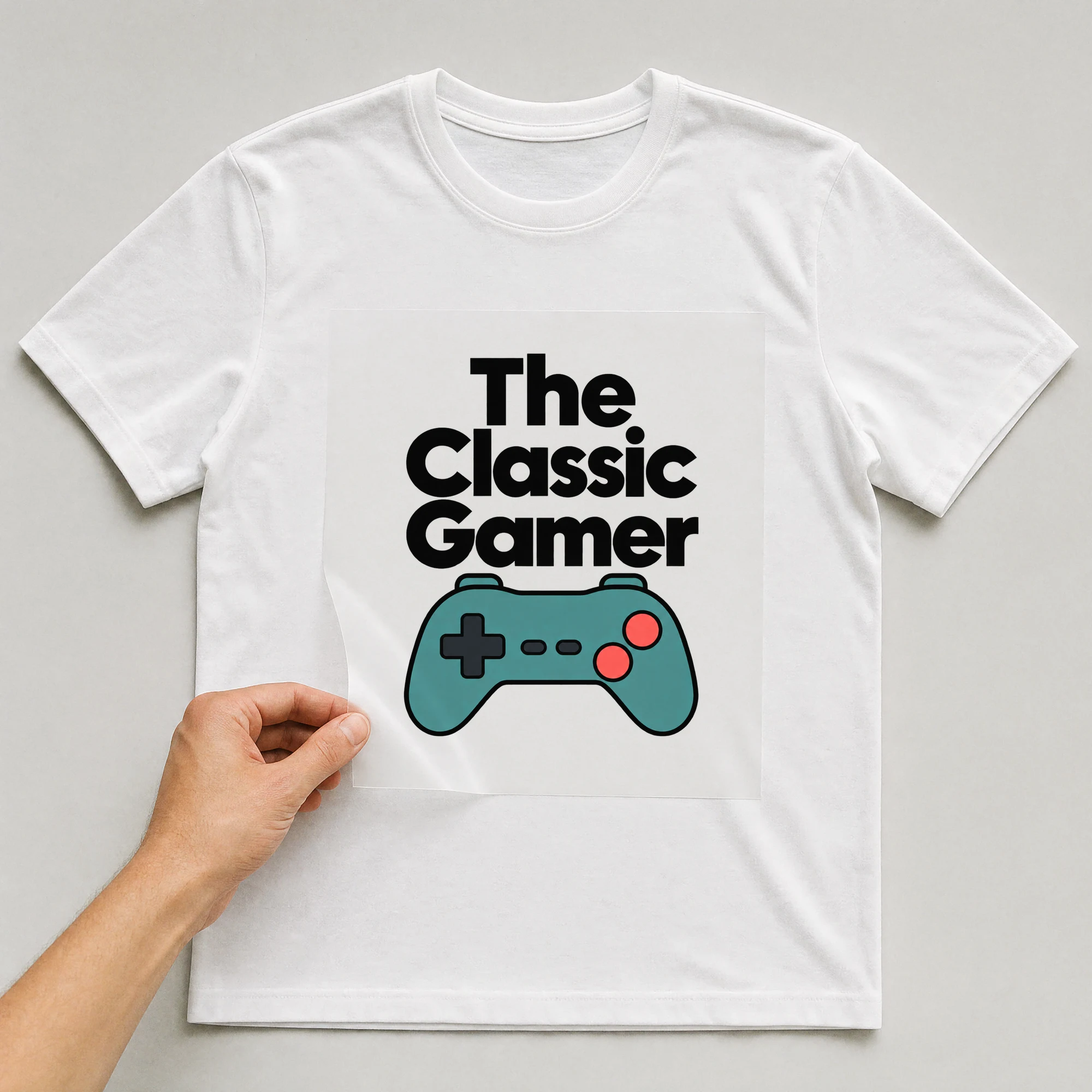 Bügelbild „The Classic Gamer“ auf weißem T-Shirt, Folie wird aufgelegt