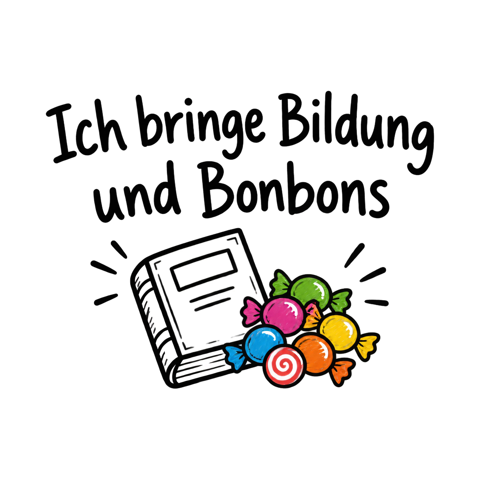Bügelbild Ich bringe Bildung und Bonbons als Grafik auf weißem Hintergrund (BB020346)