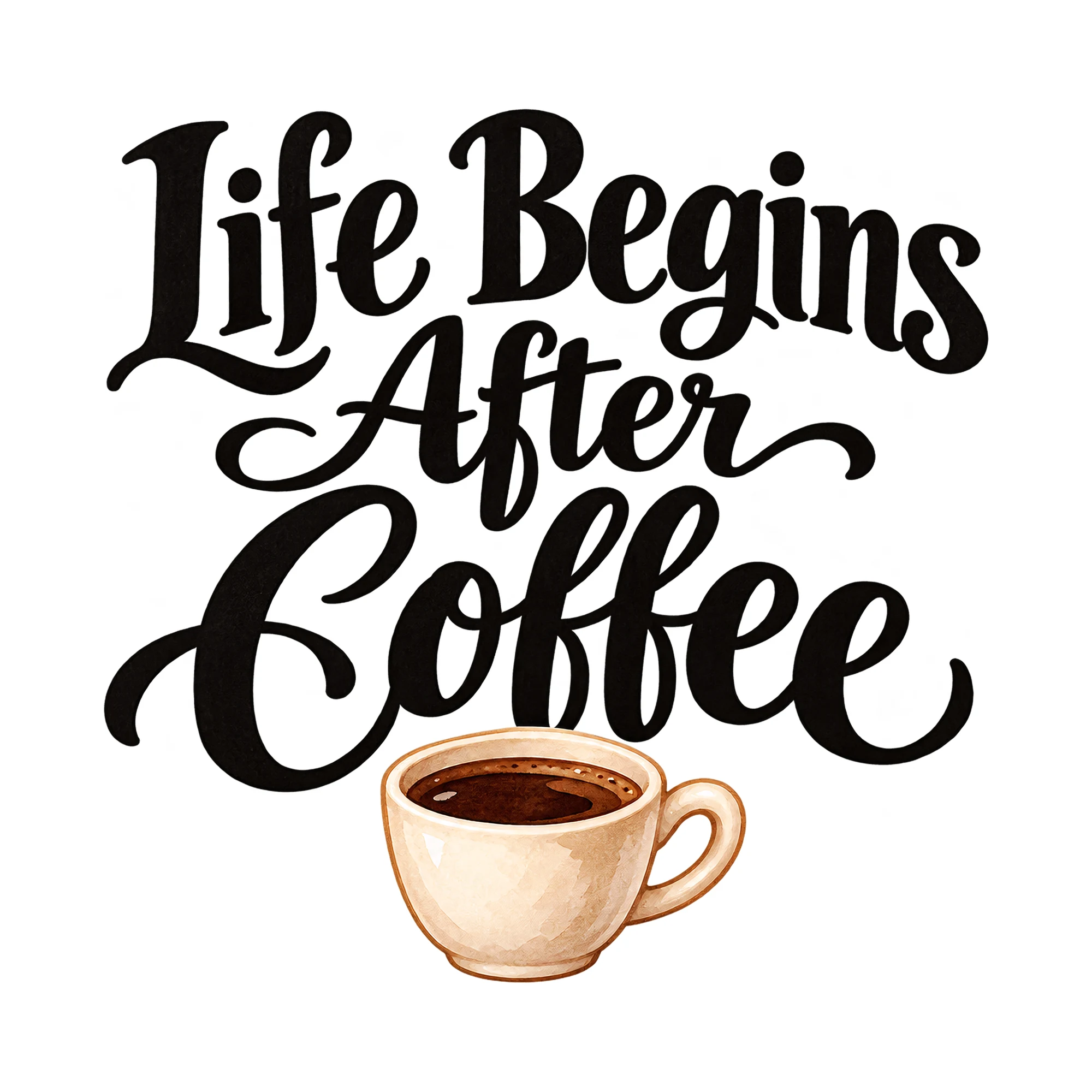 Bügelbild Life Begins After Coffee, Küchen Spruch Bügelbild als Grafik auf weißem Hintergrund (BB015102)