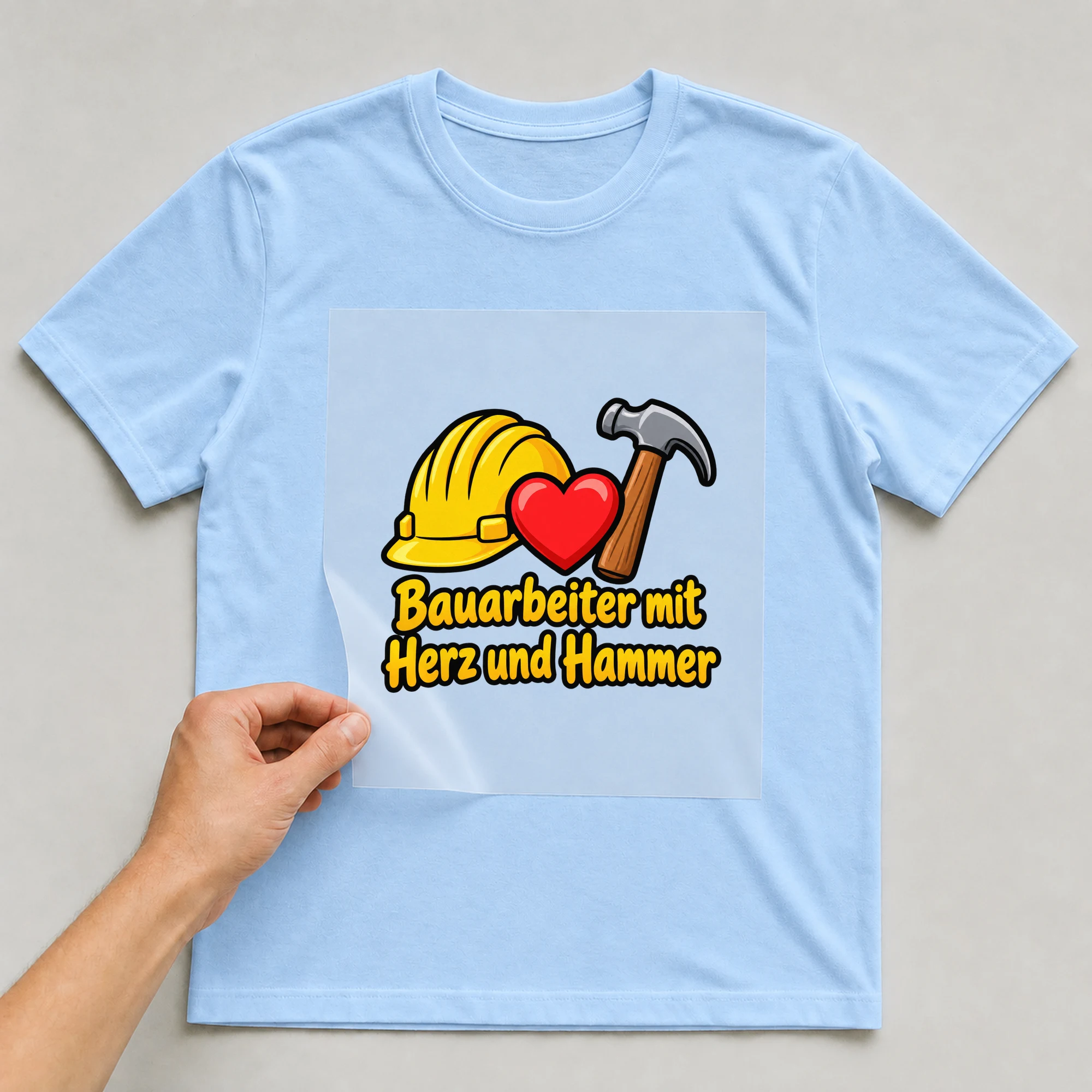 Bügelbild „Bauarbeiter mit Herz und Hammer“ auf babyblauem T-Shirt, Folie wird aufgelegt