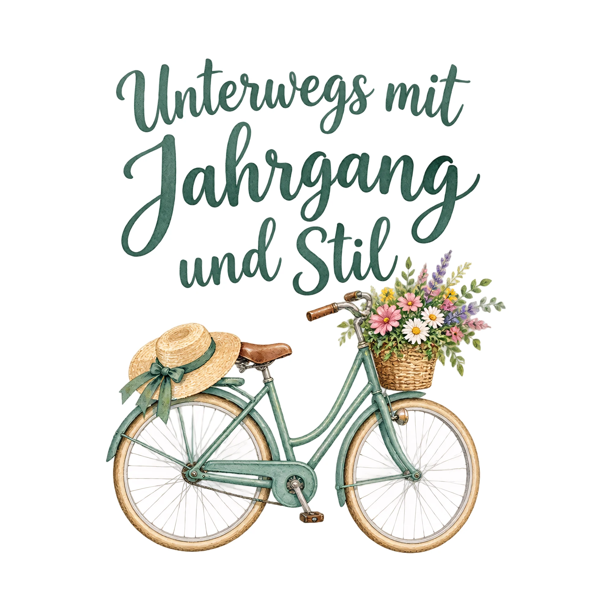 Bügelbild Unterwegs mit Jahrgang und Stil als Grafik auf weißem Hintergrund (BB019286)