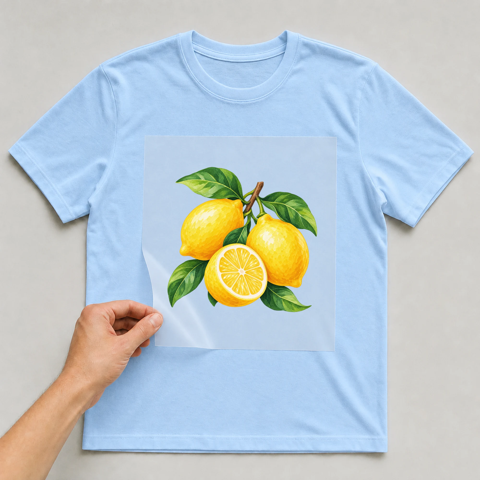 Bügelbild „Zitronen Motiv“ auf babyblauem T-Shirt, Folie wird aufgelegt