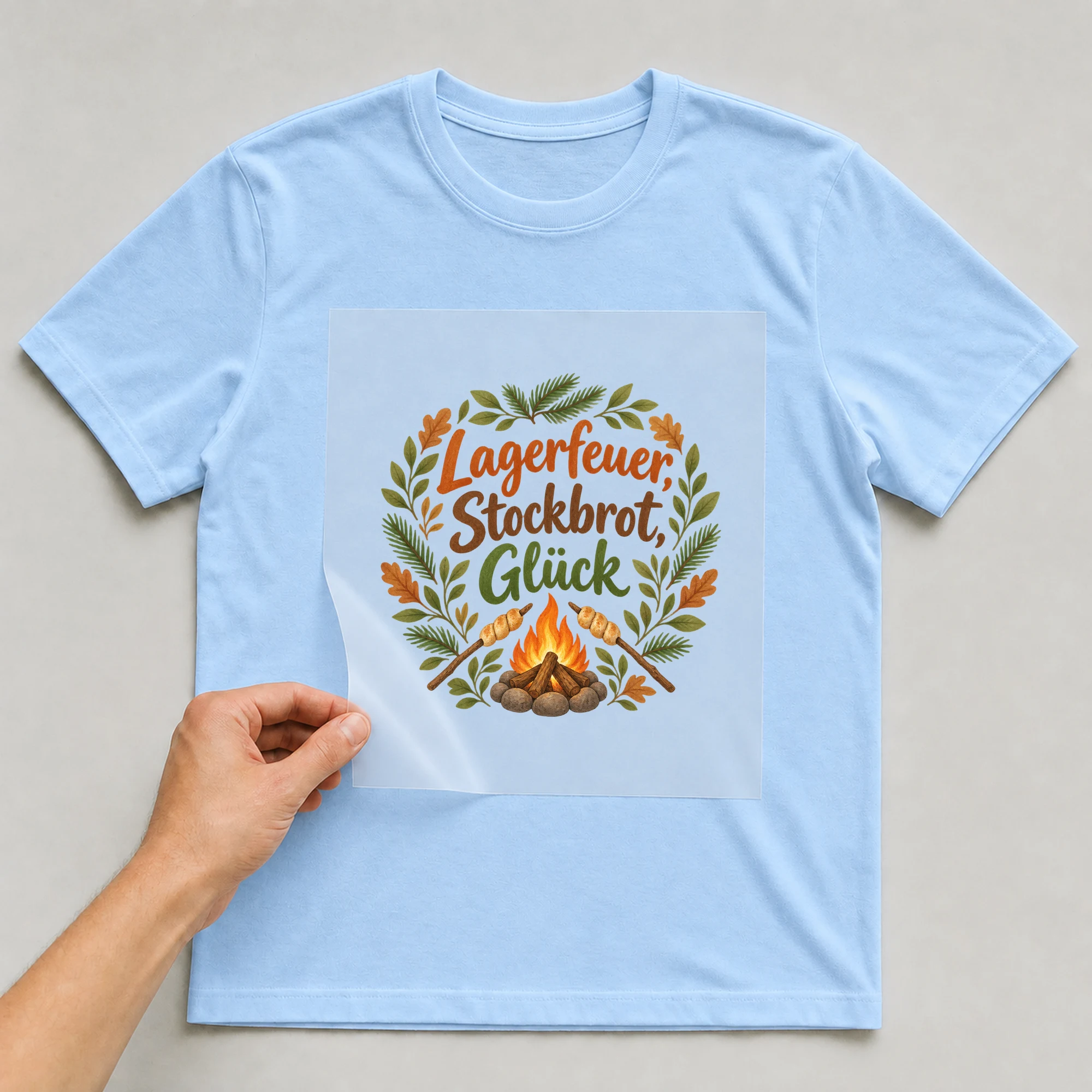 Bügelbild „Lagerfeuer stockbrot glueck“ auf babyblauem T-Shirt, Folie wird aufgelegt
