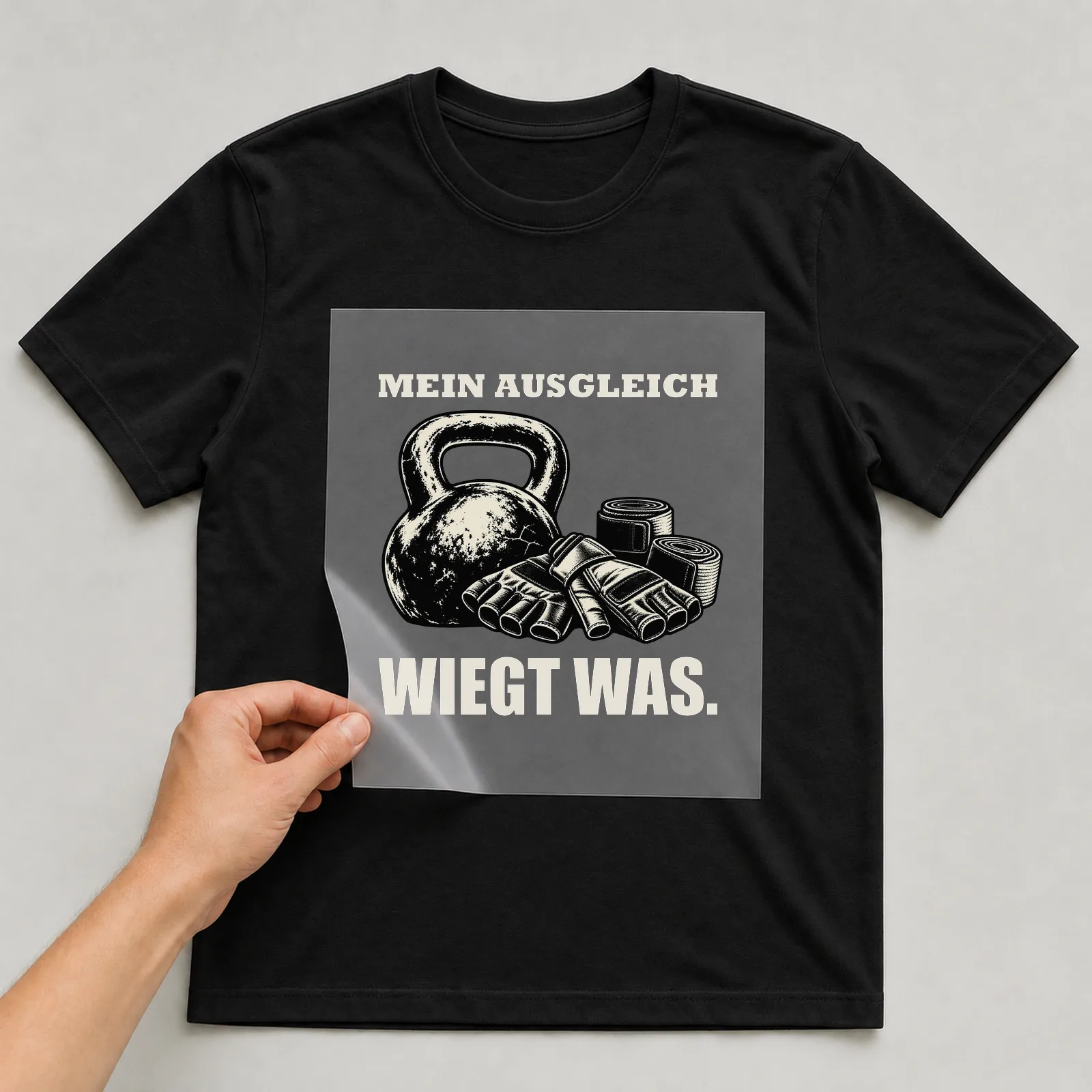 Bügelbild „Mein Ausgleich wiegt was“ auf schwarzem T-Shirt, Folie wird aufgelegt