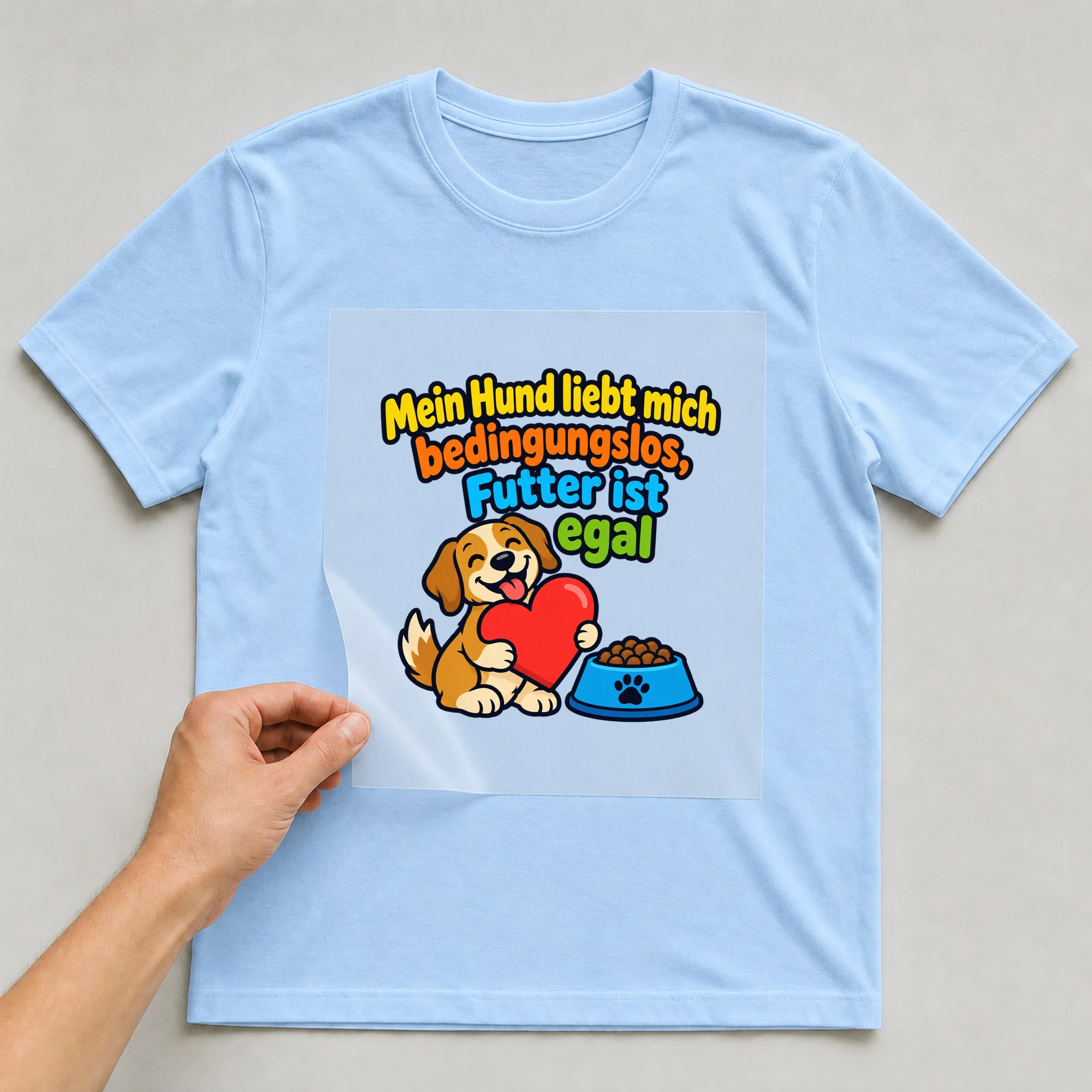 Bügelbild „Mein Hund liebt mich bedingungslos, Futter ist egal“ auf babyblauem T-Shirt, Folie wird aufgelegt