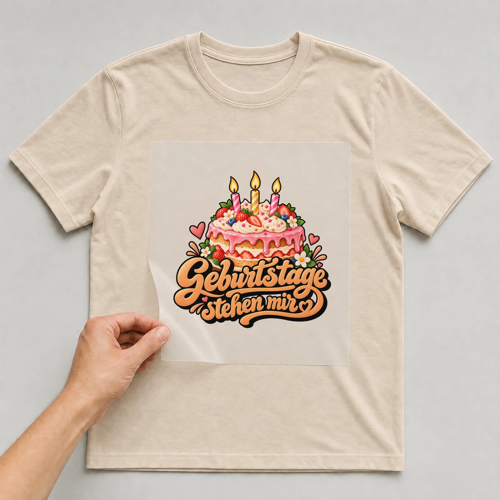 Bügelbild „Geburtstage stehen mir“ auf beigem T-Shirt, Folie wird aufgelegt