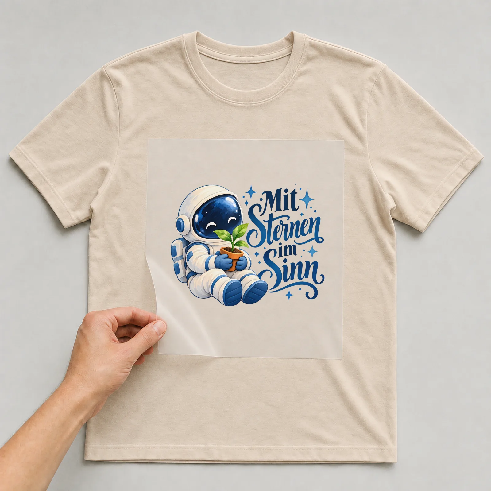 Bügelbild „Mit Sternen im Sinn“ auf beigem T-Shirt, Folie wird aufgelegt