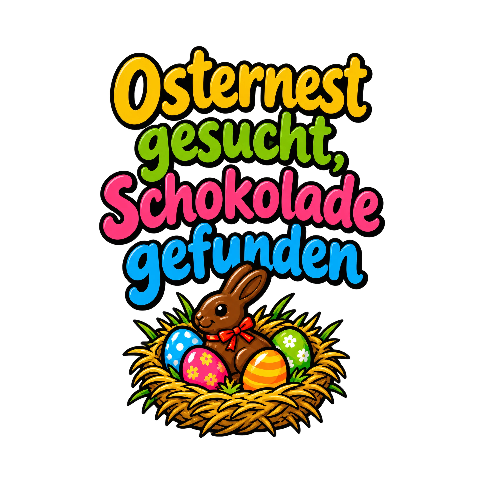 Bügelbild Osternest gesucht, Schokolade gefunden, Lustiger Shirt Spruch als Grafik auf weißem Hintergrund (BB018413)