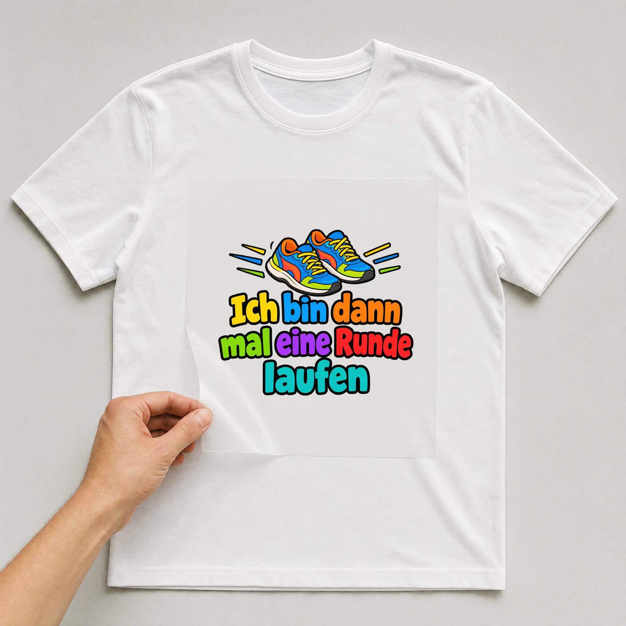 Bügelbild „Ich bin dann mal eine Runde laufen“ auf weißem T-Shirt, Folie wird aufgelegt