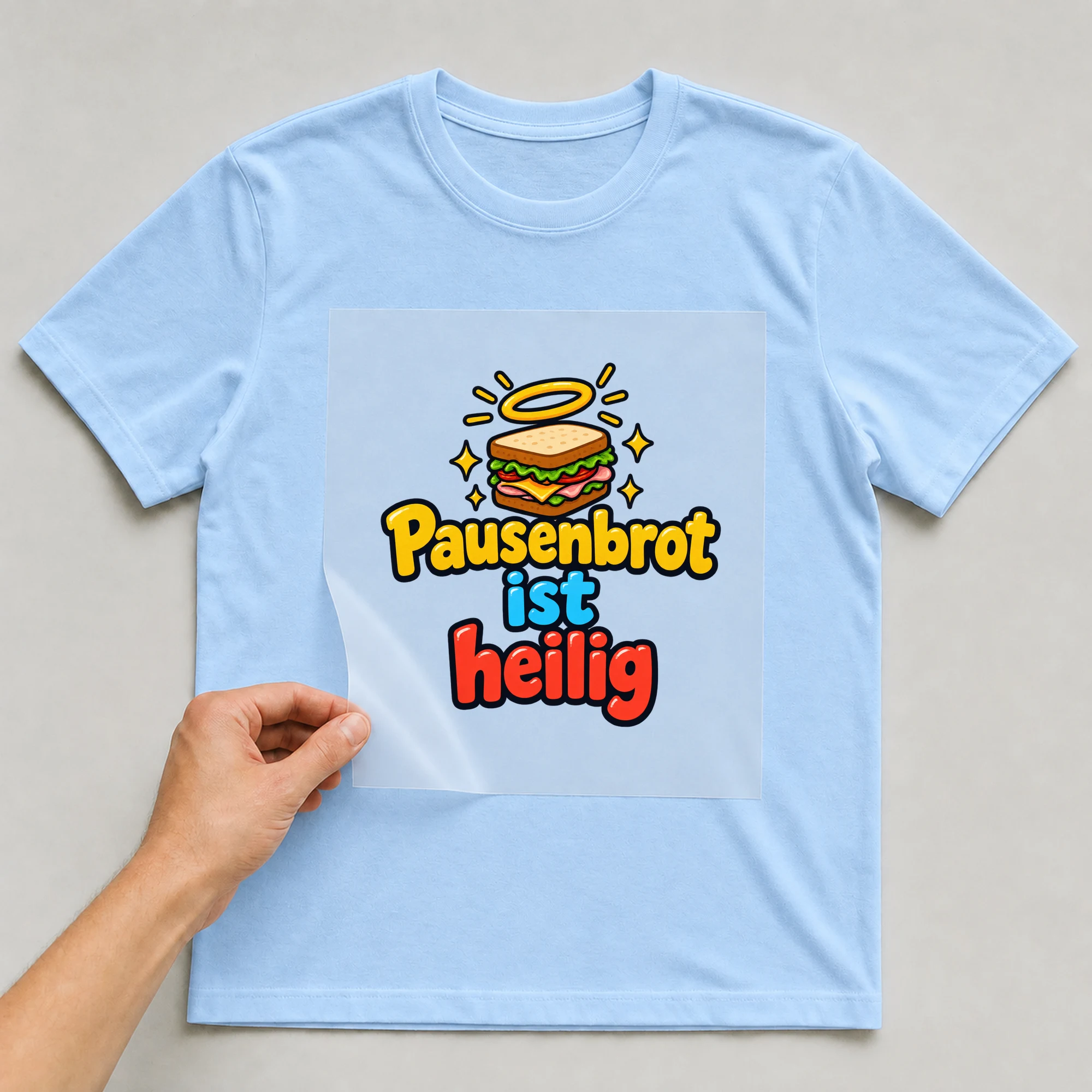 Bügelbild „Pausenbrot ist heilig“ auf babyblauem T-Shirt, Folie wird aufgelegt