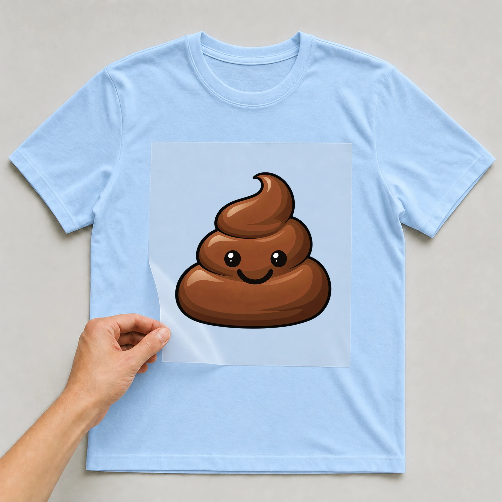 Bügelbild „Kackhaufen“ auf babyblauem T-Shirt, Folie wird aufgelegt