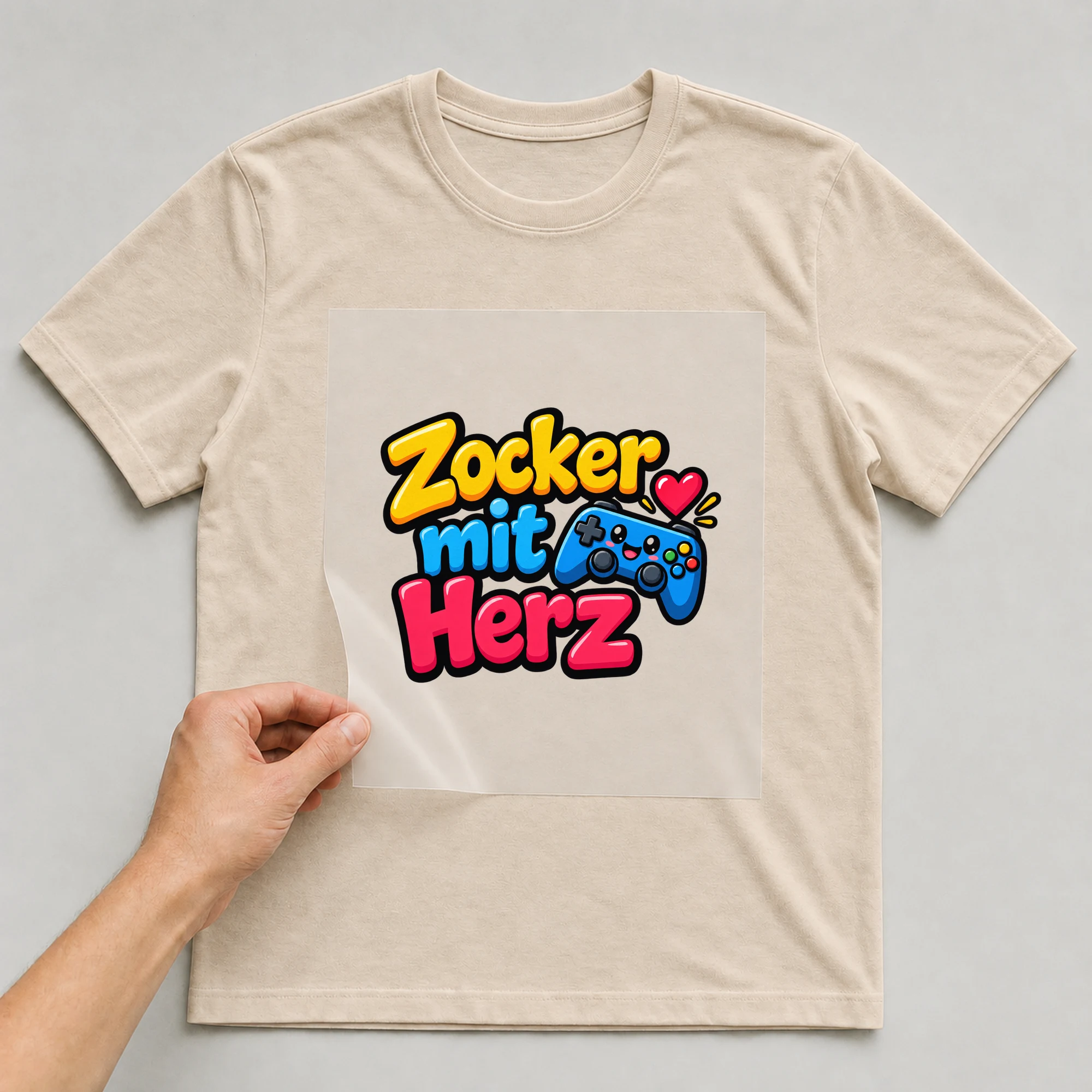 Bügelbild „Zocker mit Herz“ auf beigem T-Shirt, Folie wird aufgelegt
