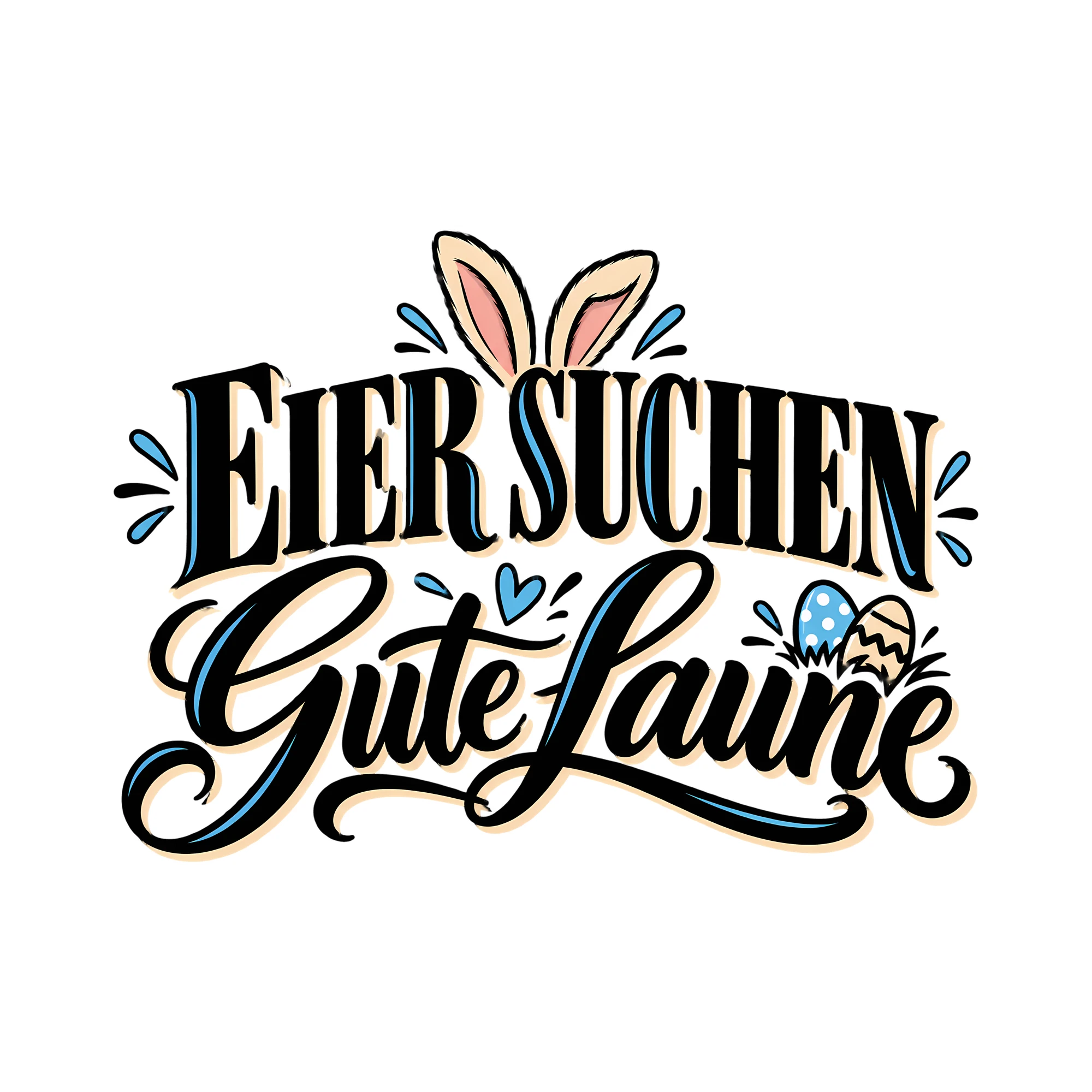 Bügelbild Eier suchen Gute Laune als Grafik auf weißem Hintergrund (BB013325)