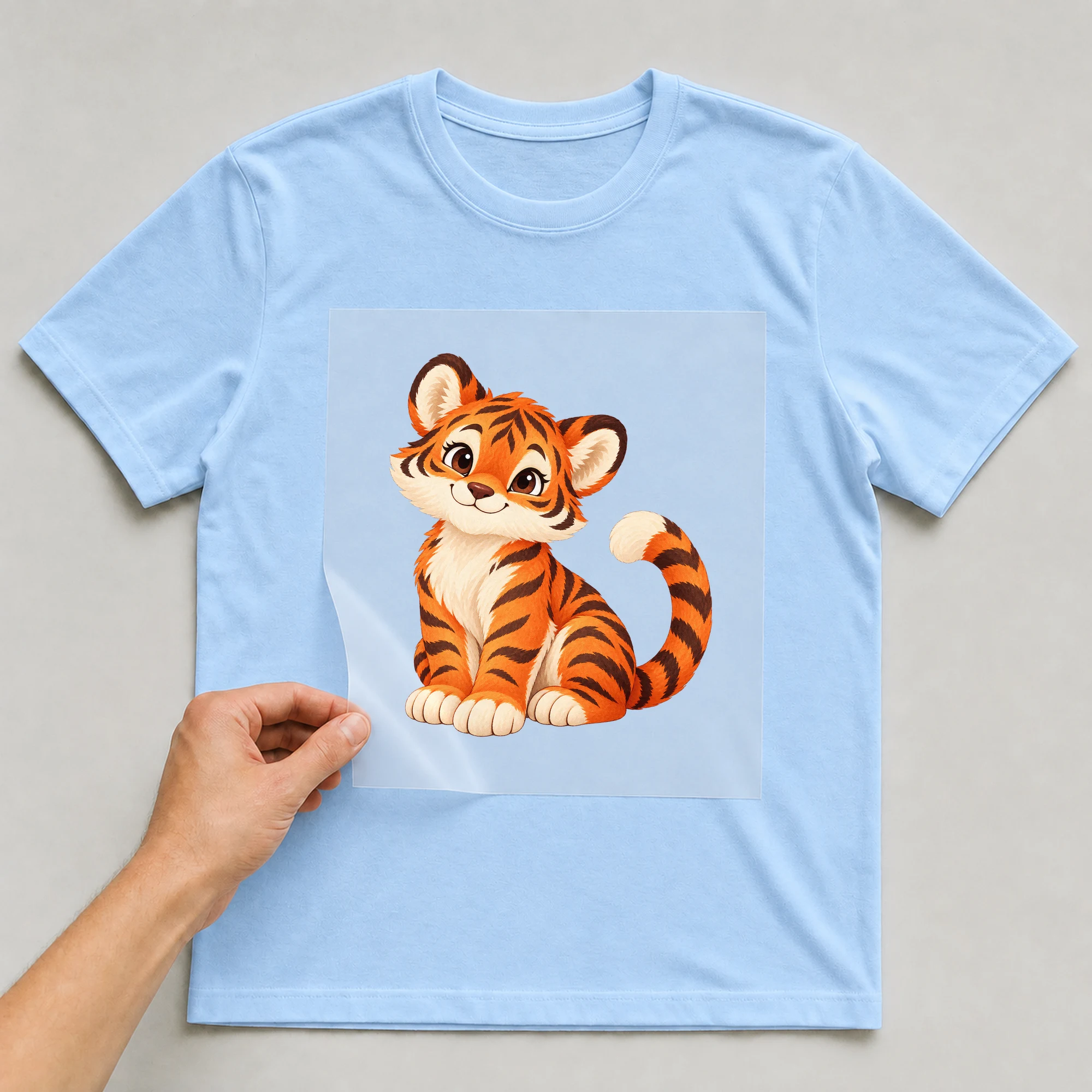 Bügelbild „Chinese Zodiac Year Of The Tiger“ auf babyblauem T-Shirt, Folie wird aufgelegt