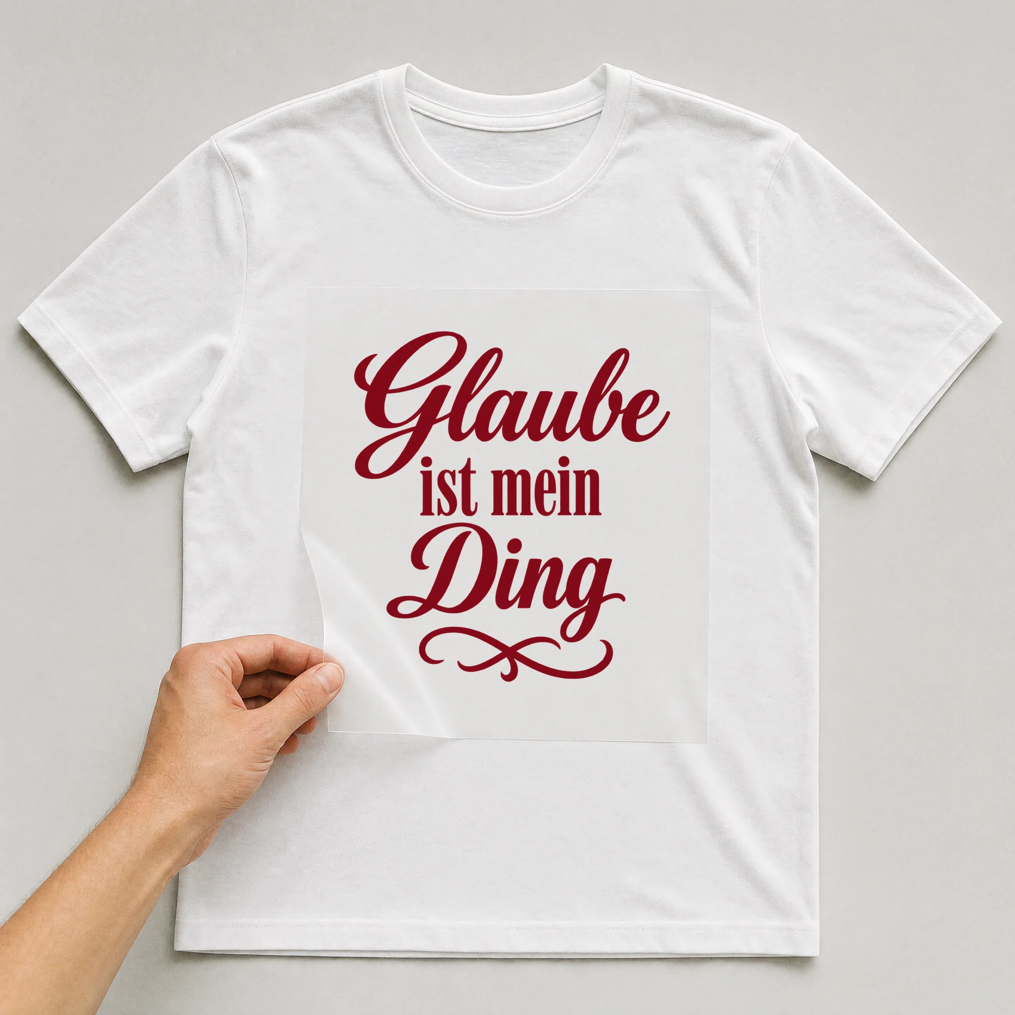 Bügelbild „Glaube ist mein Ding“ auf weißem T-Shirt, Folie wird aufgelegt