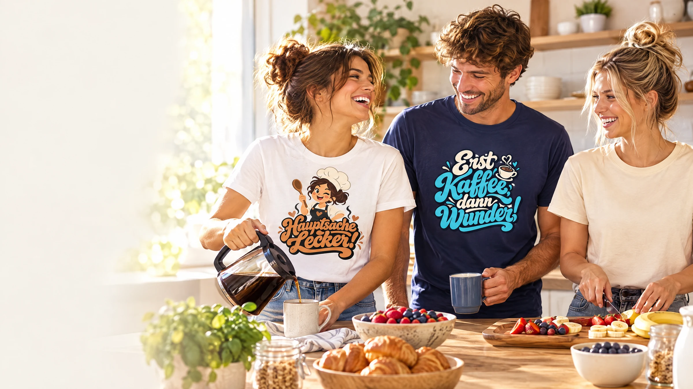 Essen und Trinken: Freunde am gedeckten Tisch mit den Bügelbild-Motiven Hauptsache lecker! und Erst Kaffee, dann Wunder!