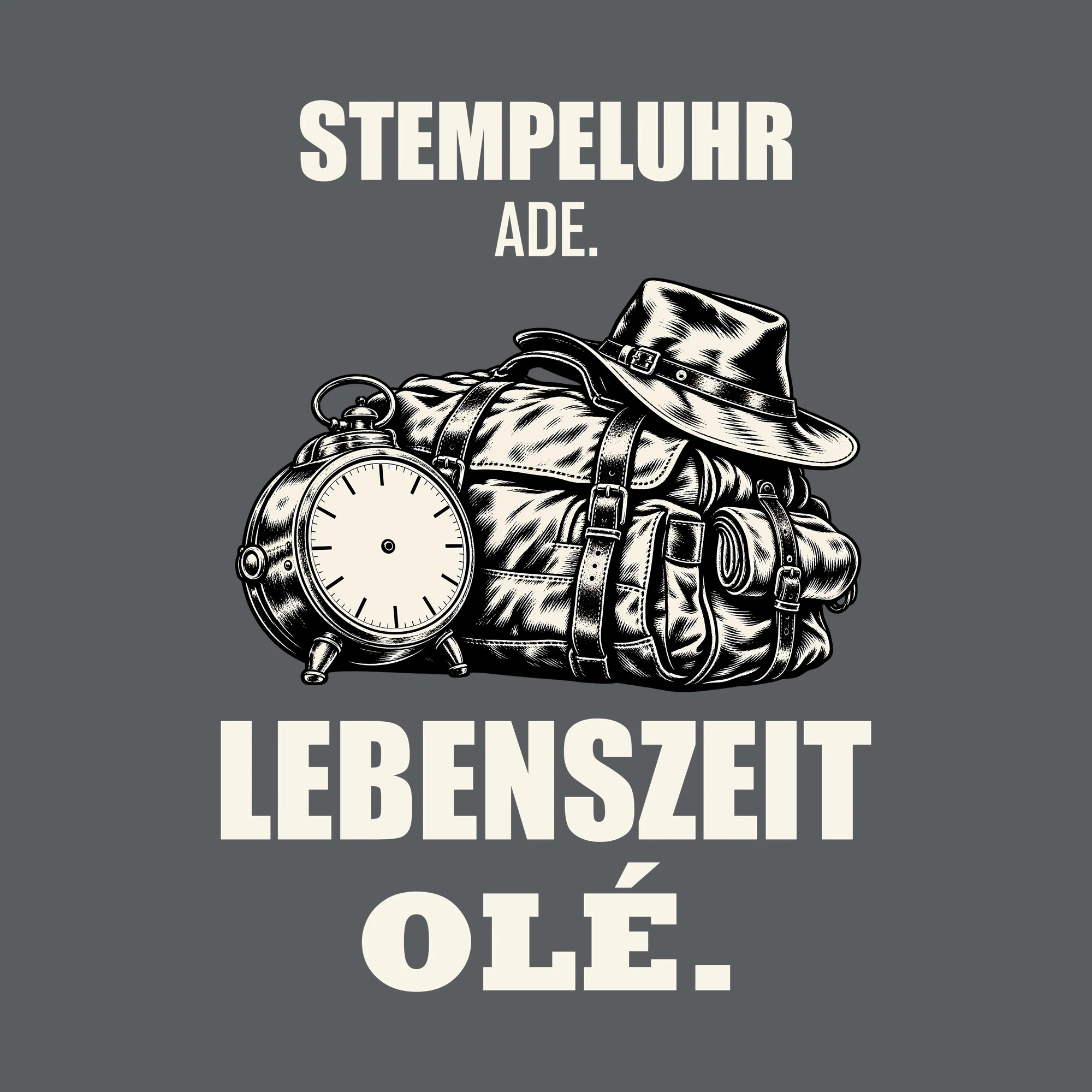 Bügelbild STEMPELUHR ADE. LEBENSZEIT OLÉ. als Grafik auf dunklem Hintergrund (BB011496)