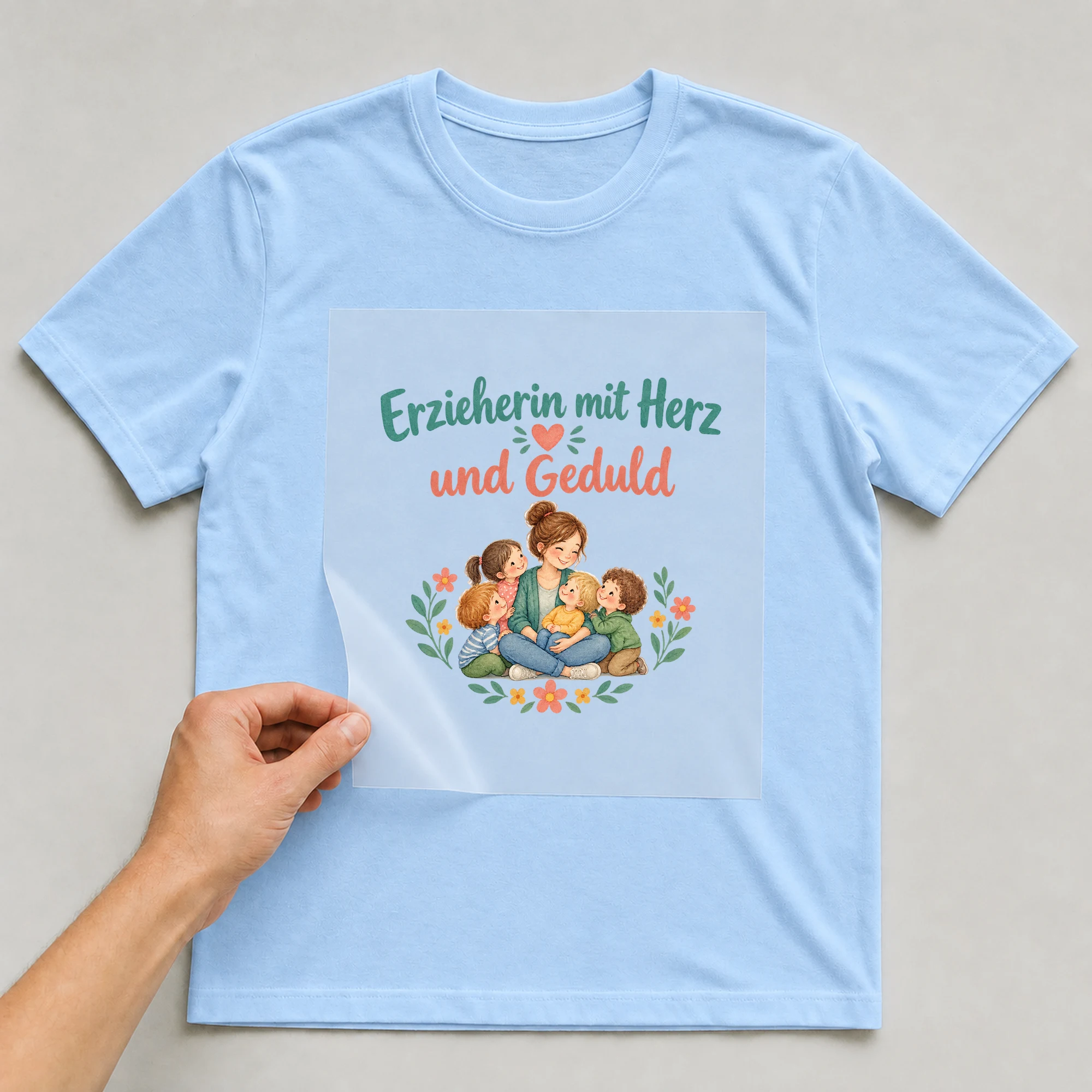 Bügelbild „Erzieherin mit Herz und Geduld“ auf babyblauem T-Shirt, Folie wird aufgelegt