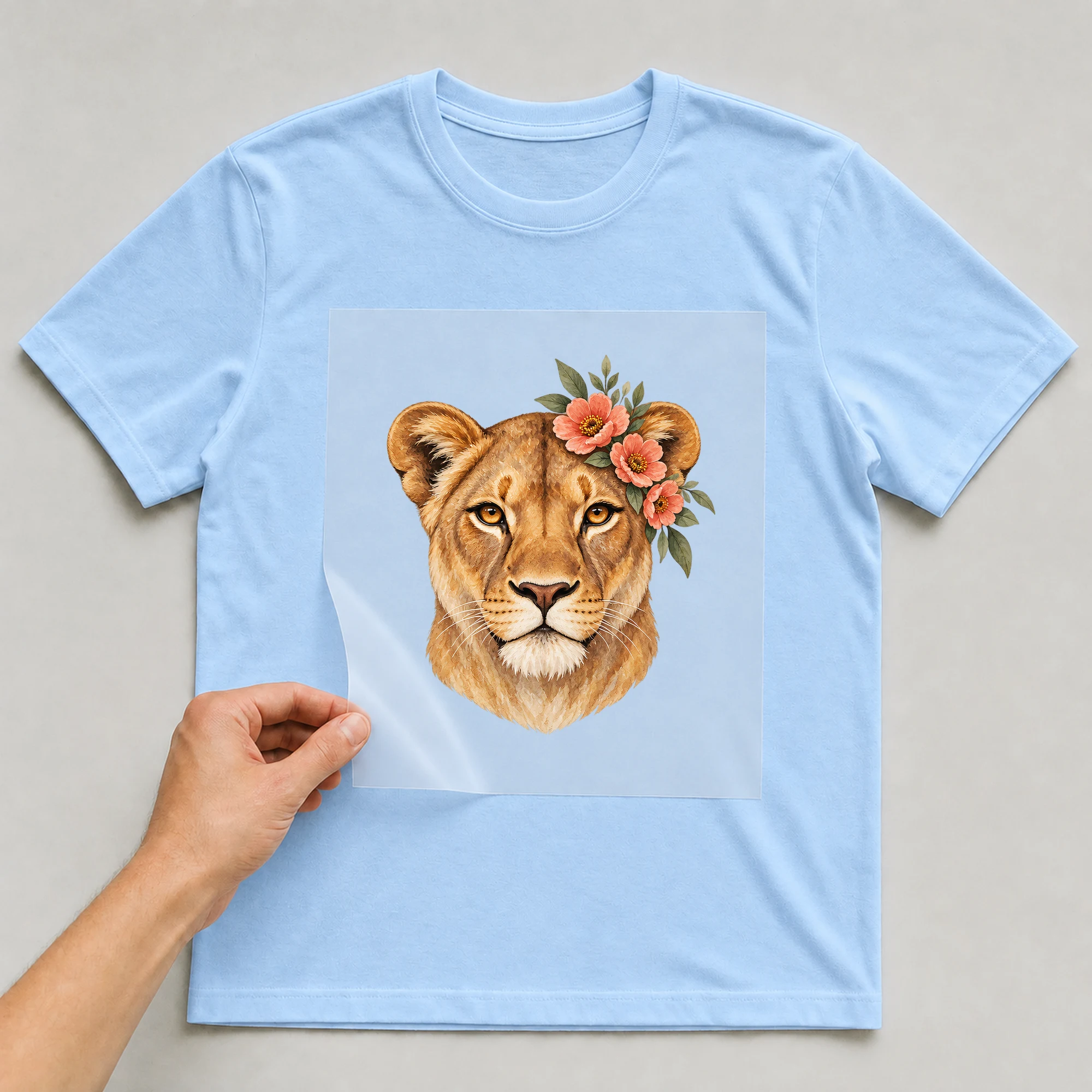 Bügelbild „Boho Lioness“ auf babyblauem T-Shirt, Folie wird aufgelegt