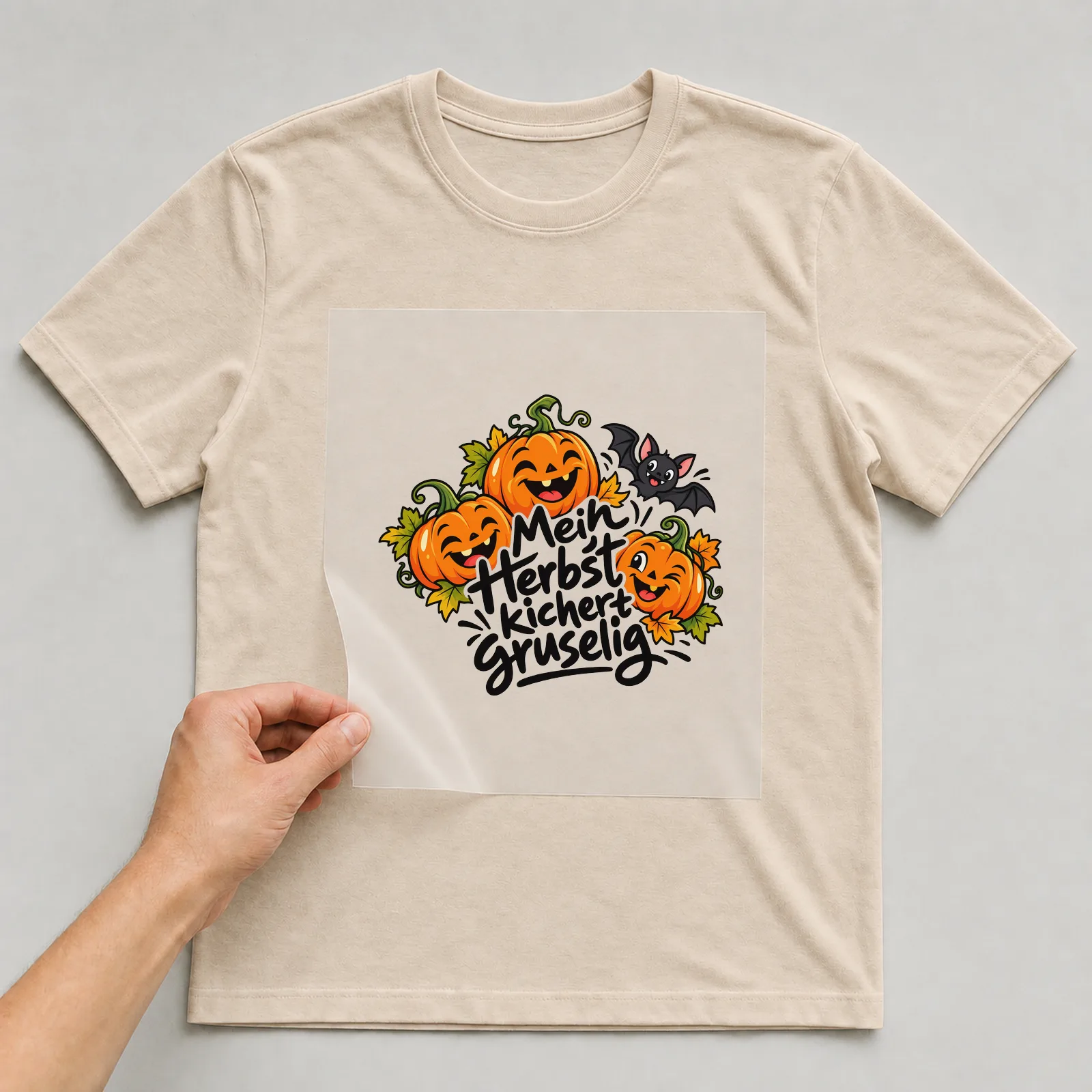 Bügelbild „Mein Herbst kichert gruselig“ auf beigem T-Shirt, Folie wird aufgelegt