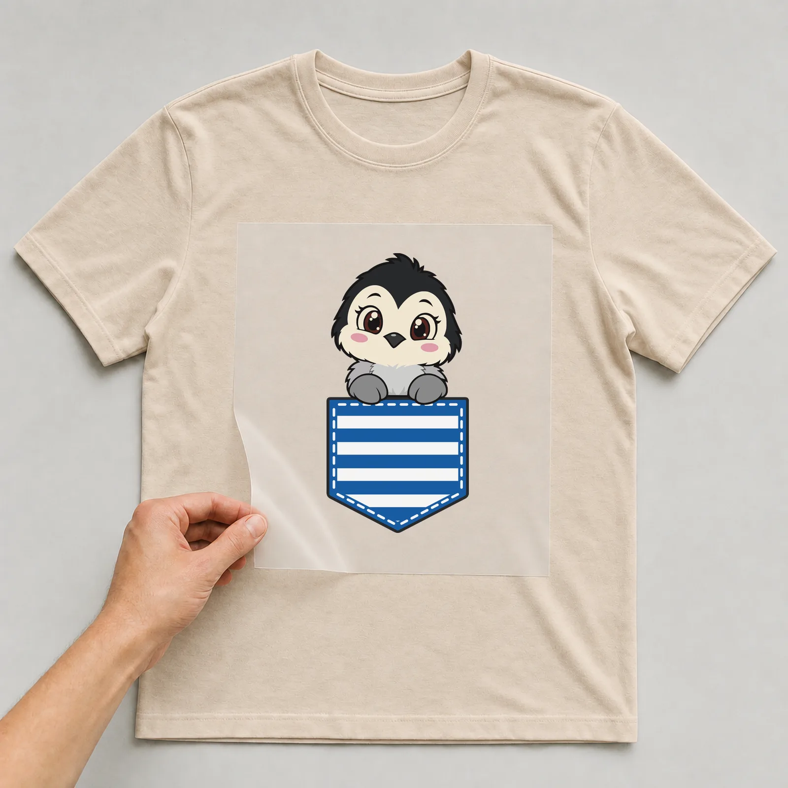 Bügelbild Brusttasche Pinguin auf beigem T-Shirt, Folie wird aufgelegt