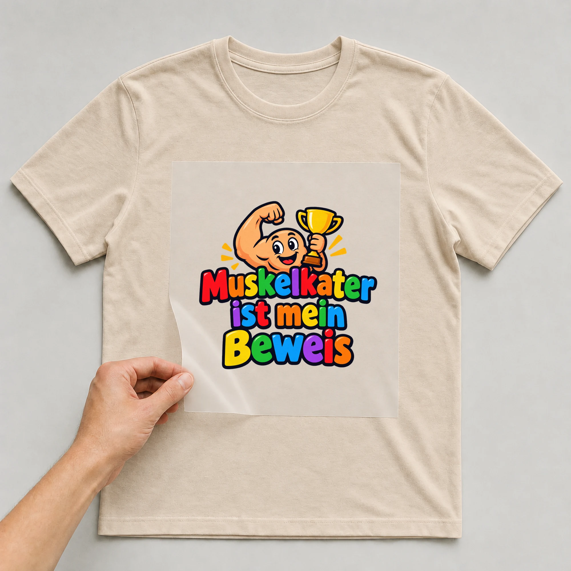 Bügelbild „Muskelkater ist mein Beweis“ auf beigem T-Shirt, Folie wird aufgelegt