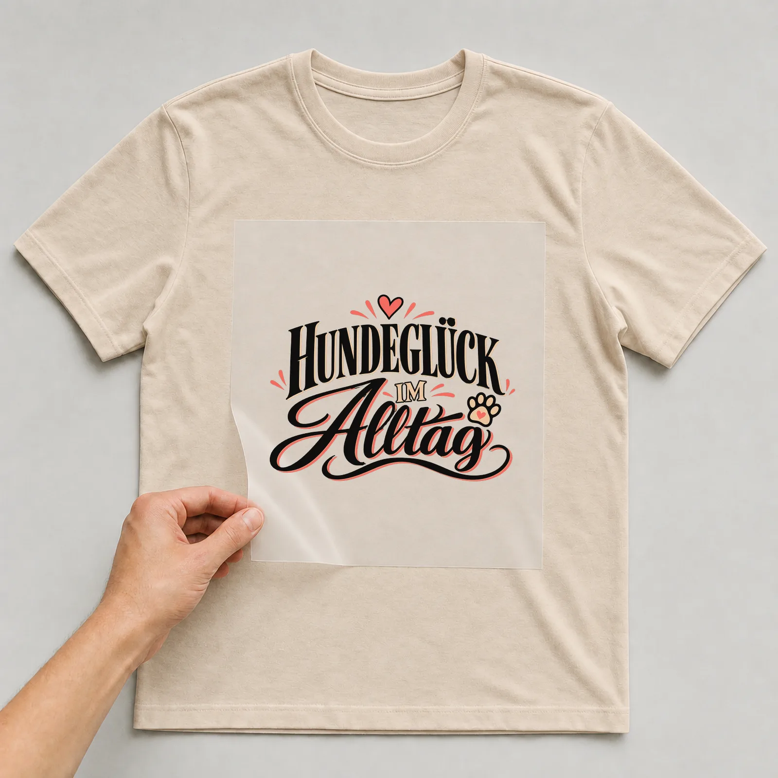 Bügelbild „Hundeglück im Alltag“ auf beigem T-Shirt, Folie wird aufgelegt