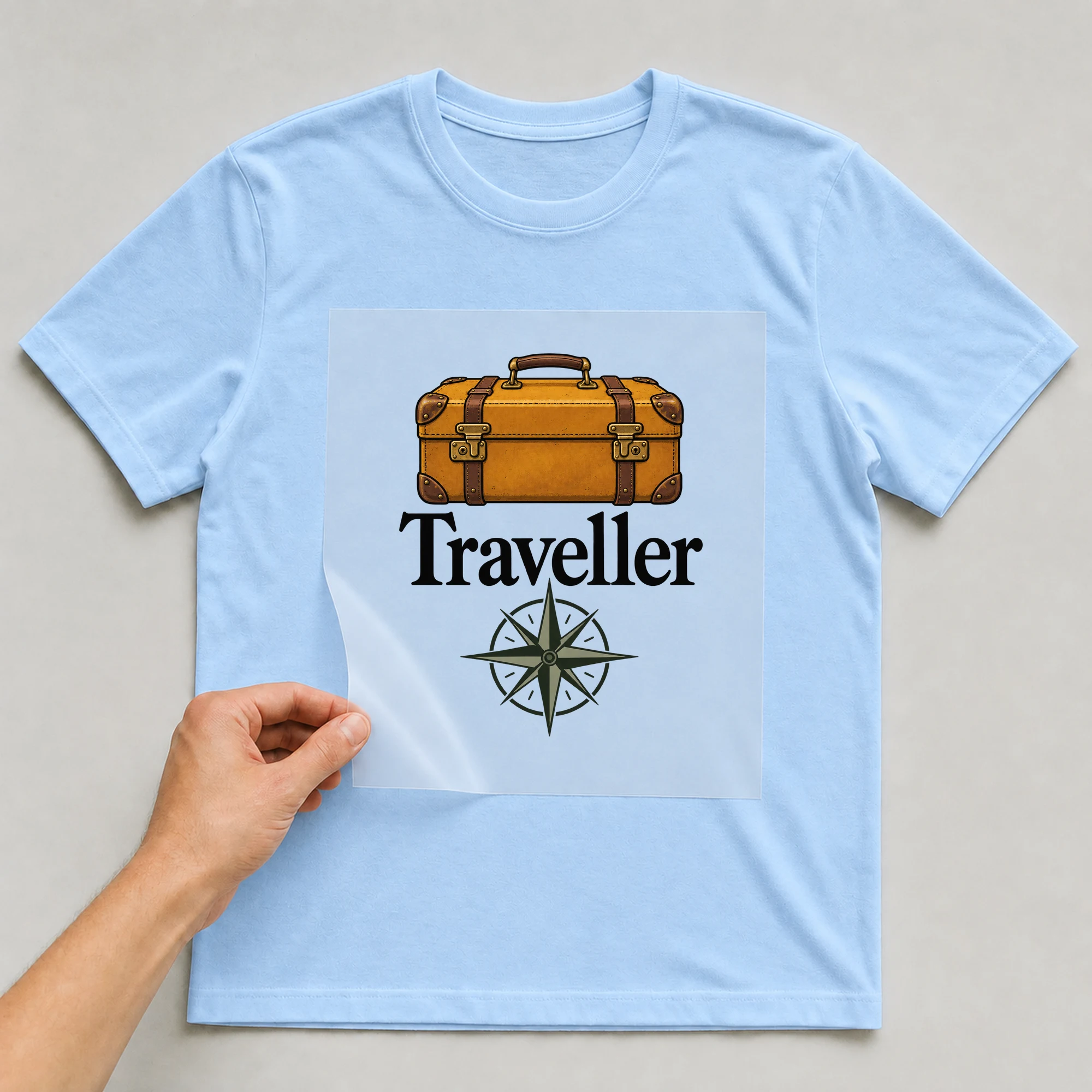 Bügelbild „Traveller“ auf babyblauem T-Shirt, Folie wird aufgelegt