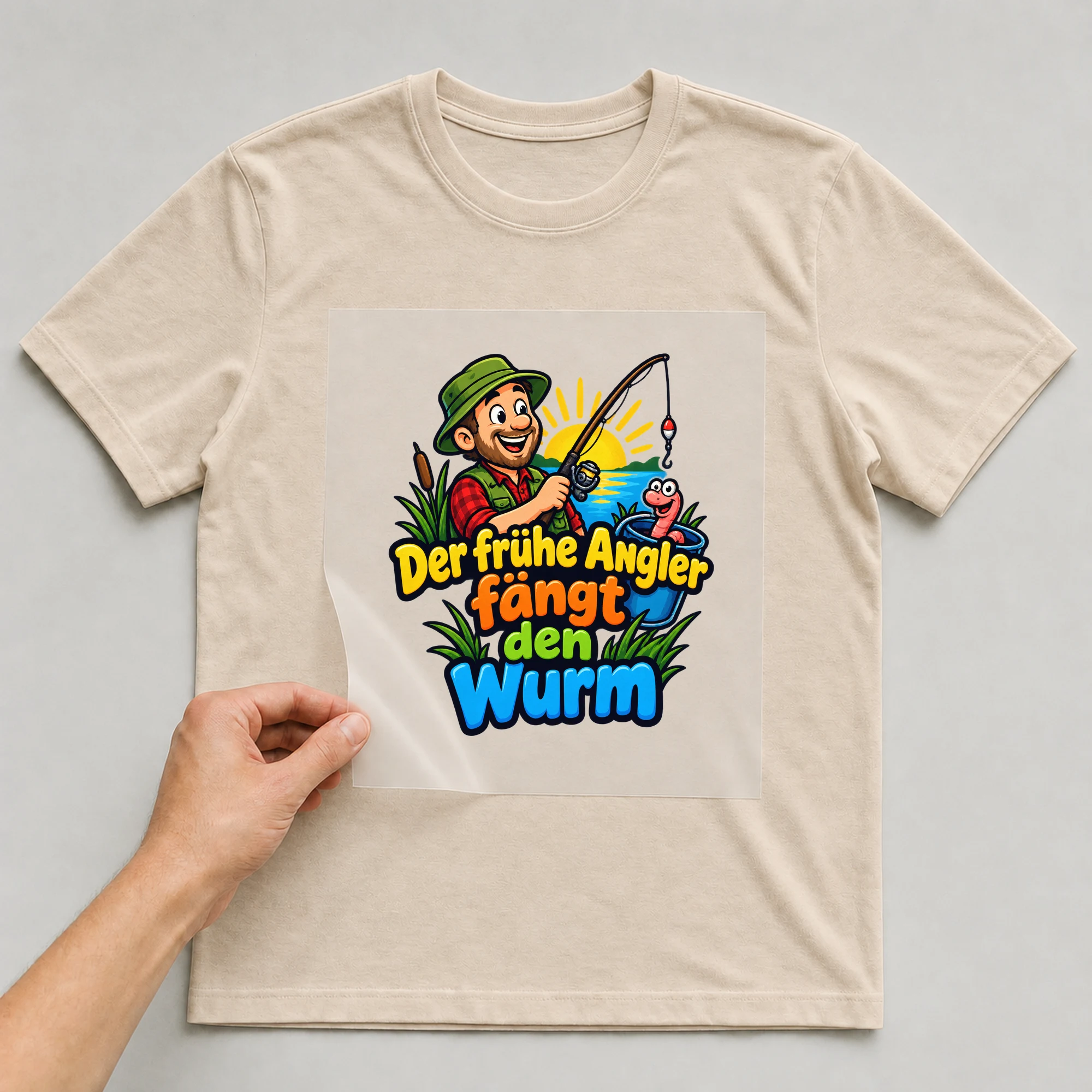 Bügelbild „Der frühe Angler fängt den Wurm“ auf beigem T-Shirt, Folie wird aufgelegt