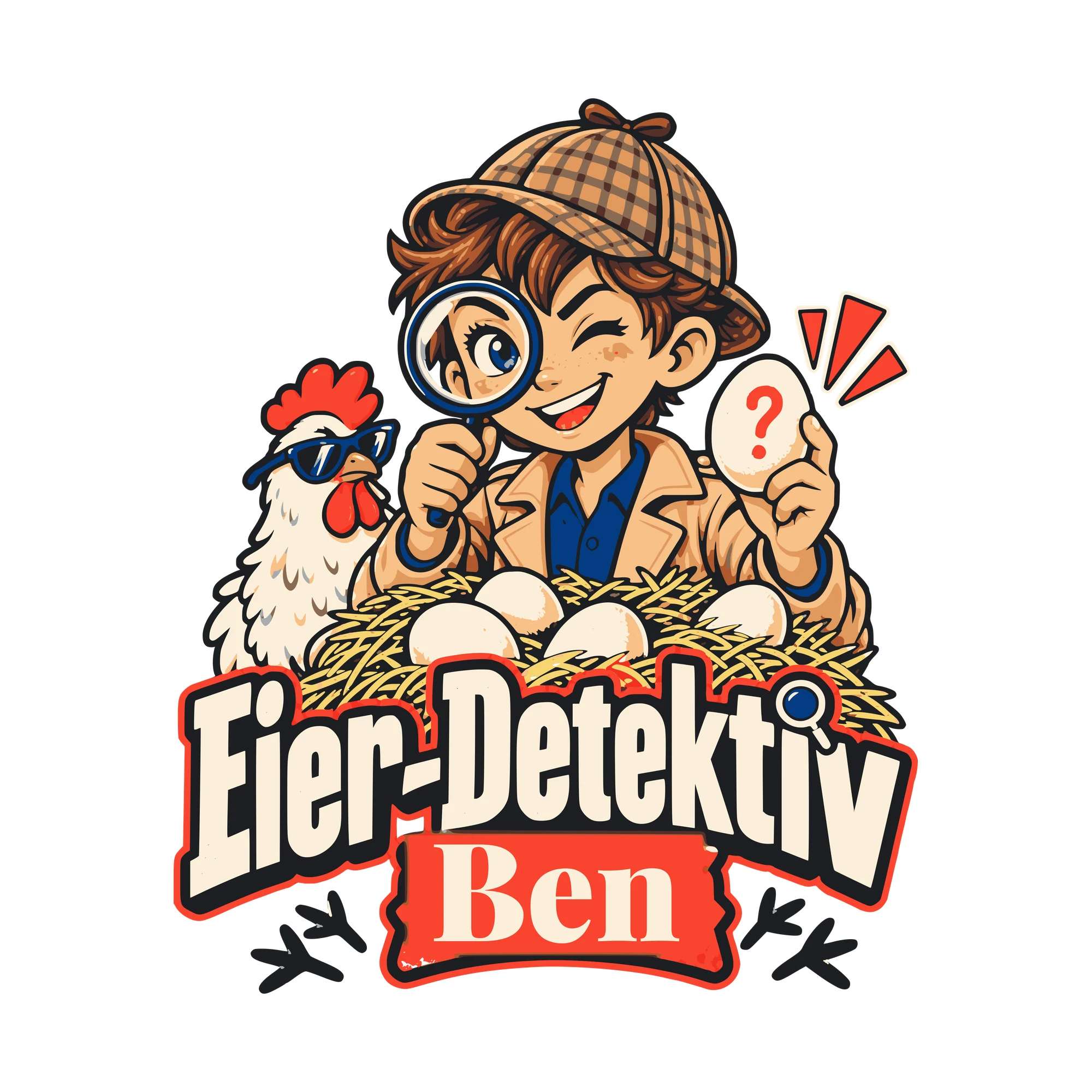 Bügelbild Eier-Detektiv mit Name als Grafik auf weißem Hintergrund (BB011210)