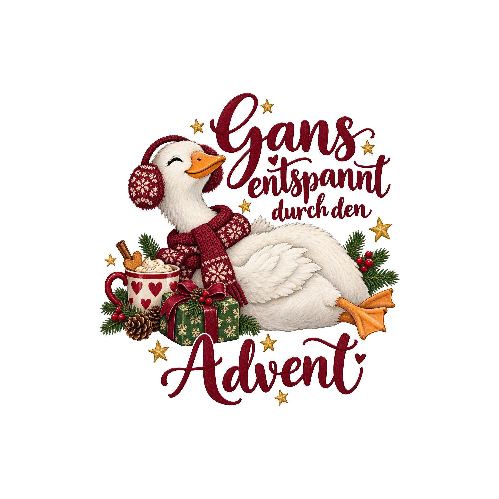 Bügelbild Gans entspannt durch den Advent als Grafik auf weißem Hintergrund (BB011357)