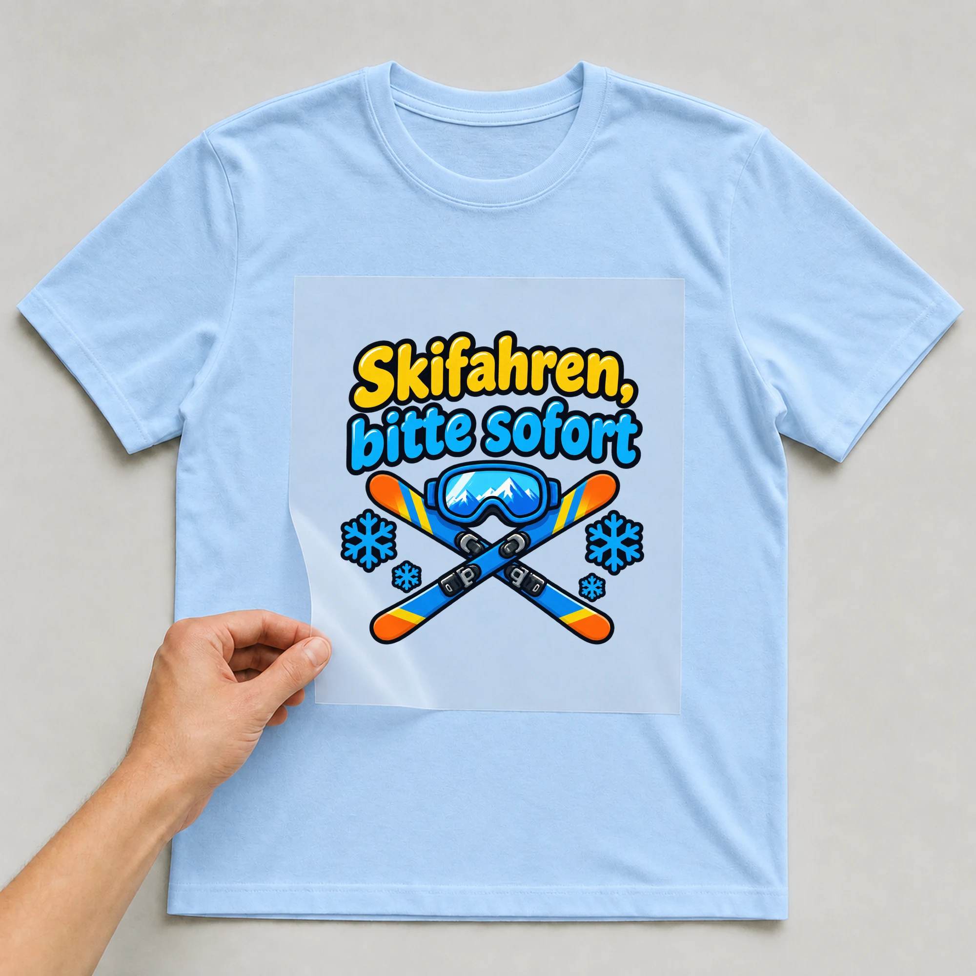 Bügelbild „Skifahren, bitte sofort“ auf babyblauem T-Shirt, Folie wird aufgelegt