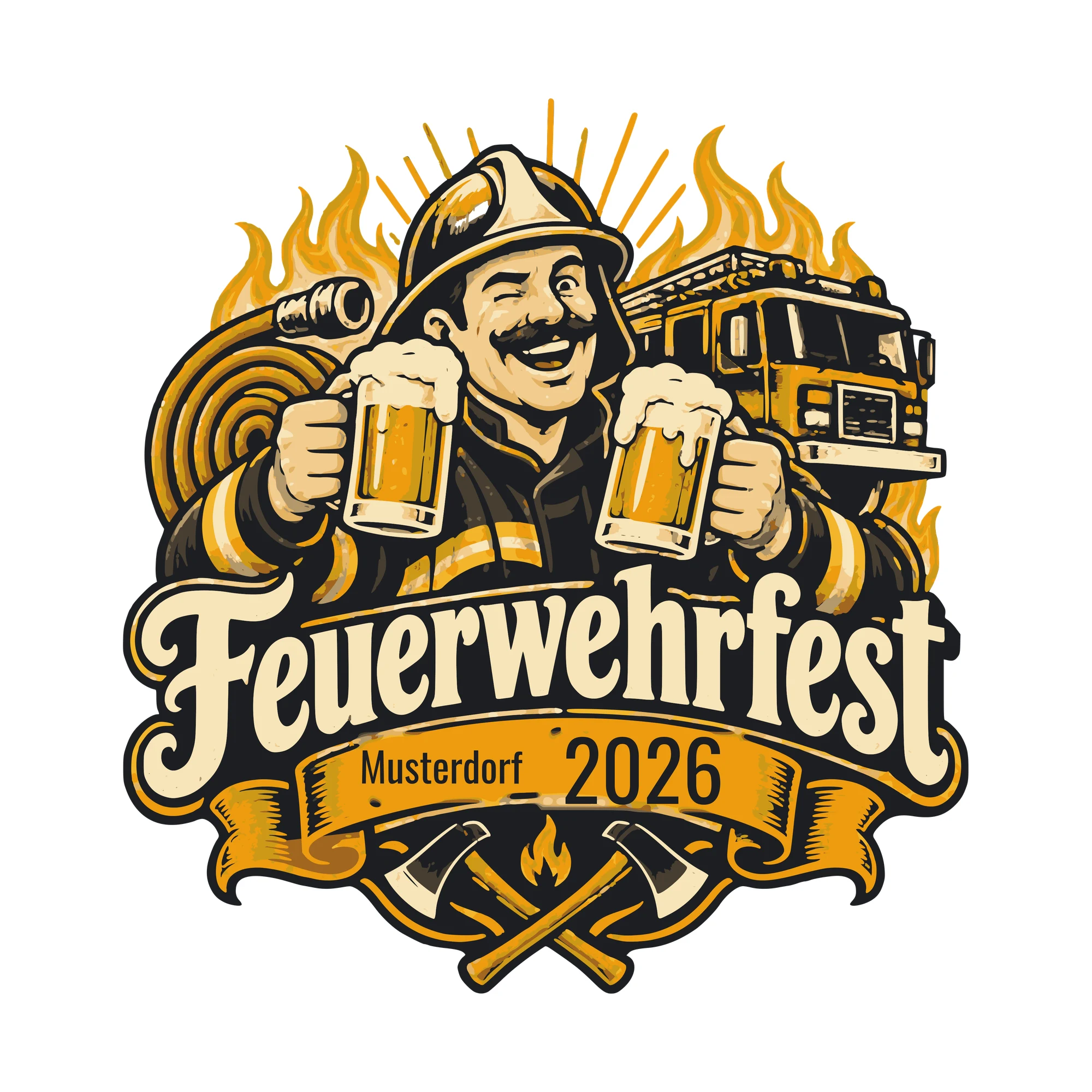 Bügelbild Feuerwehrfest mit Ort und Jahr als Grafik auf weißem Hintergrund (BB011280)