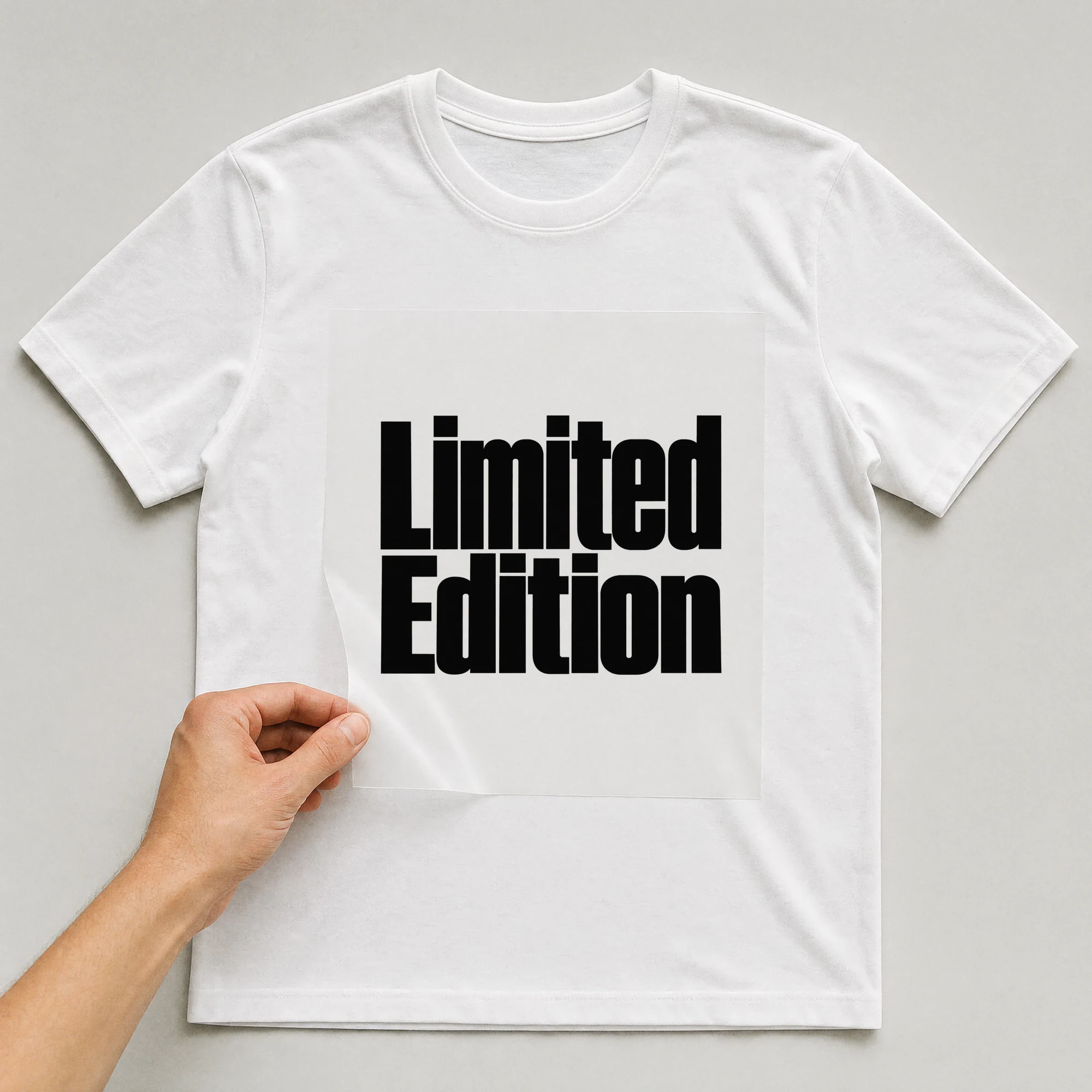 Bügelbild „Limited Edition“ auf weißem T-Shirt, Folie wird aufgelegt