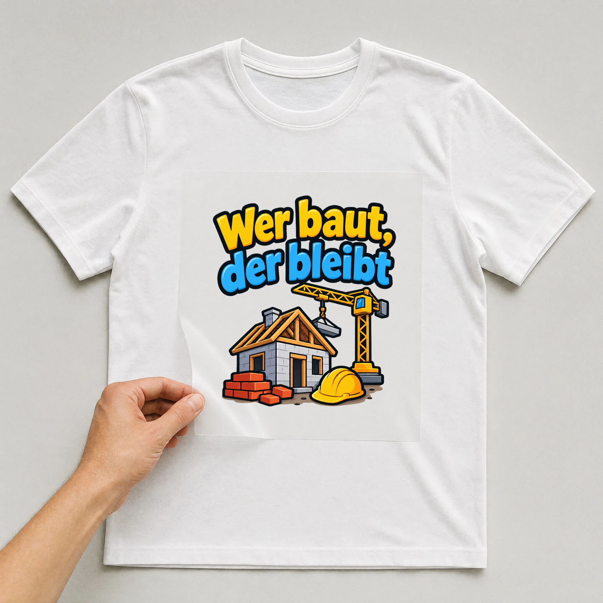 Bügelbild „Wer baut, der bleibt“ auf weißem T-Shirt, Folie wird aufgelegt