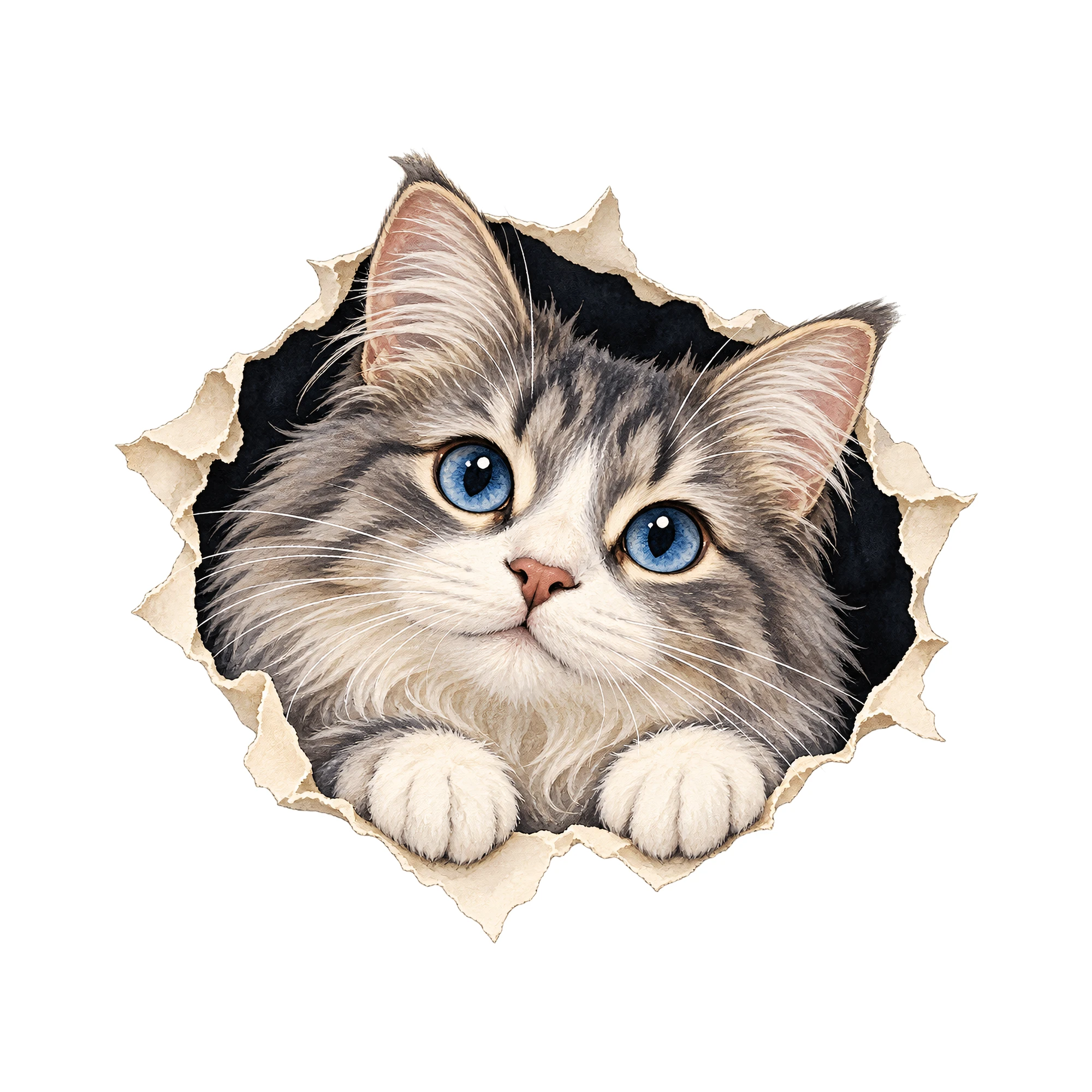 Bügelbild Katze Schaut Durch Ein Guckloch | Tiere Shirt Motiv als Grafik auf weißem Hintergrund (BB016177)