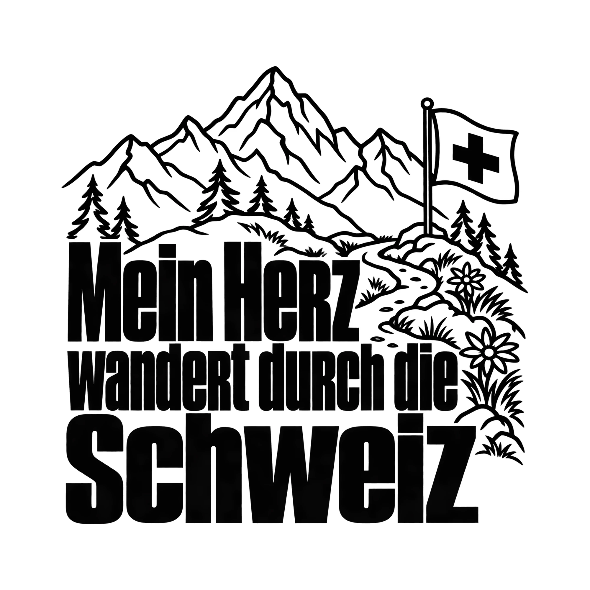 Bügelbild Mein Herz wandert durch die Schweiz als Grafik auf weißem Hintergrund (BB013625)
