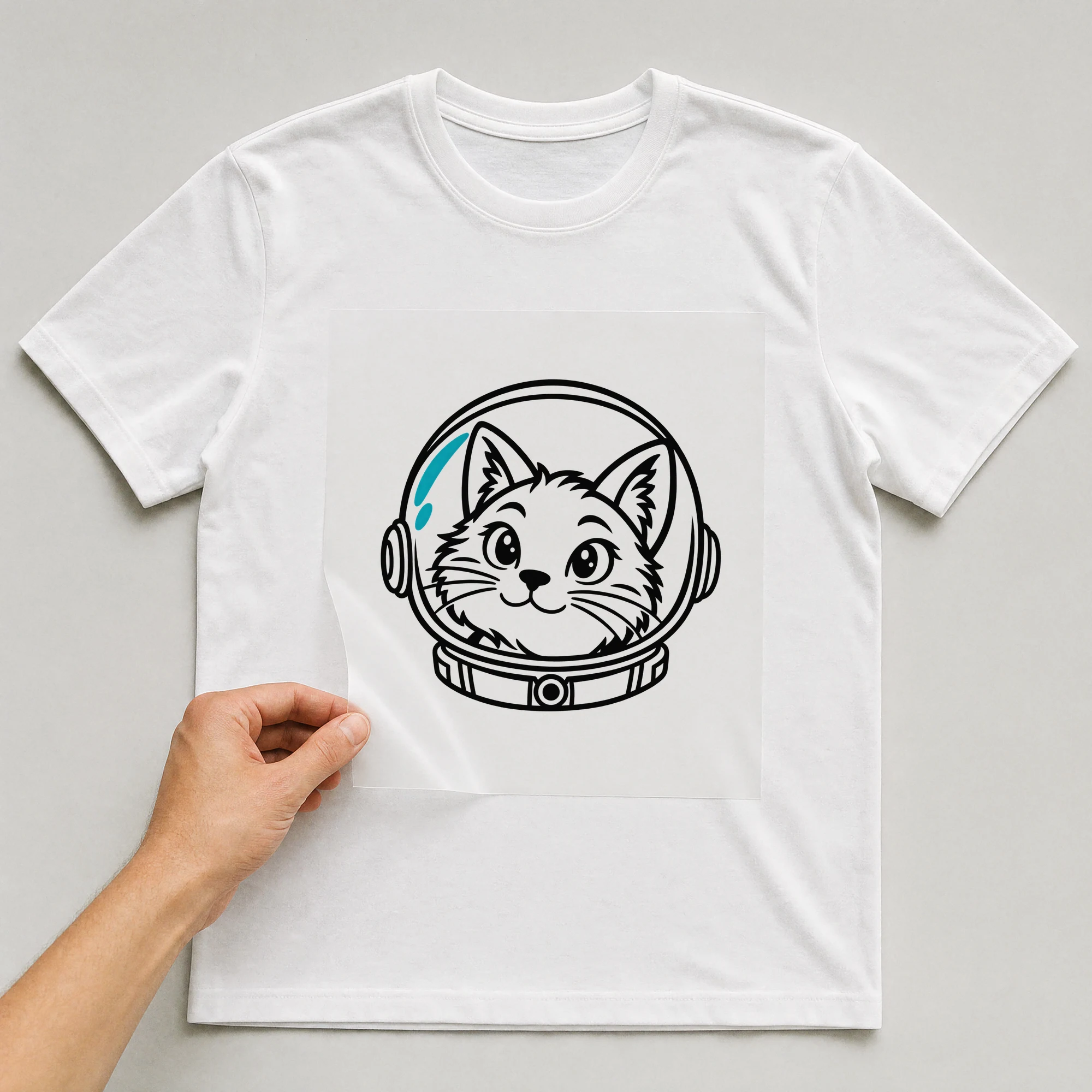 Bügelbild „Space Katze“ auf weißem T-Shirt, Folie wird aufgelegt