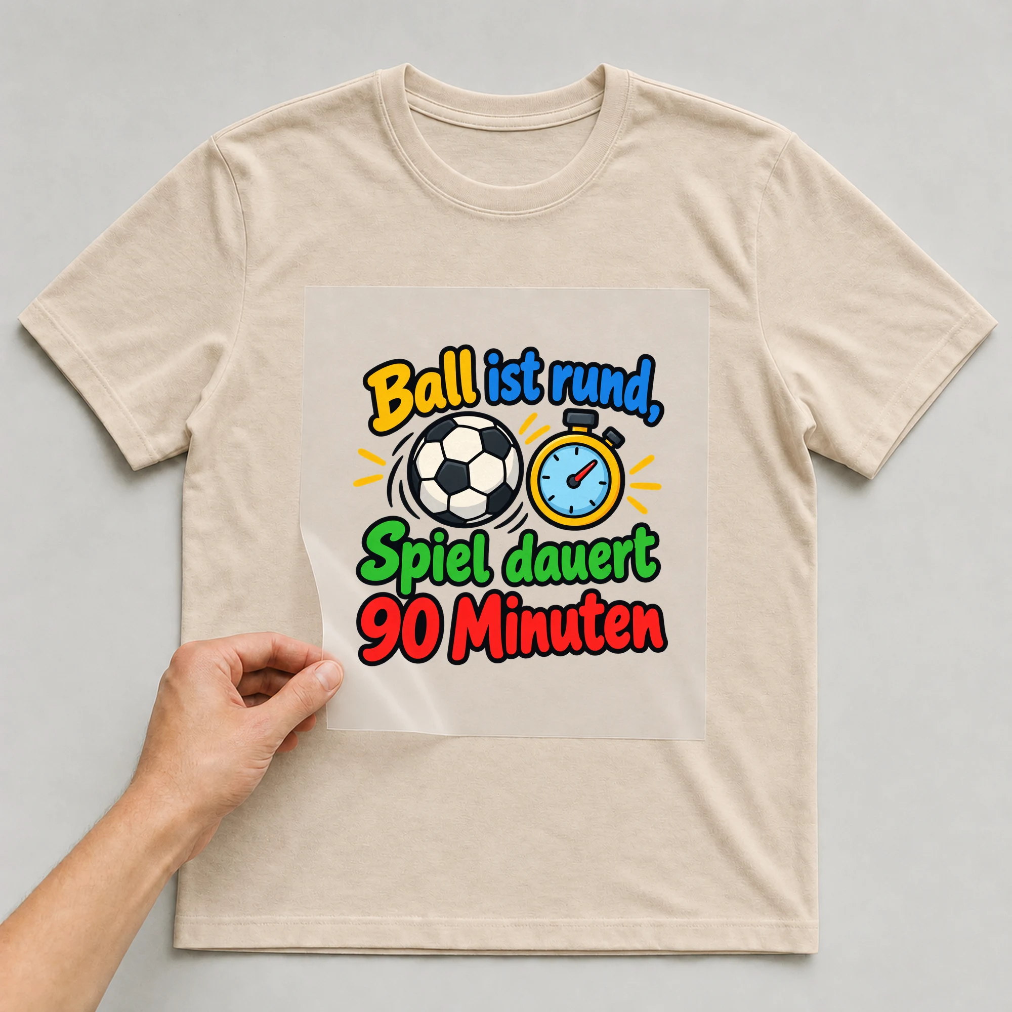 Bügelbild „Ball ist rund, Spiel dauert 90 Minuten“ auf beigem T-Shirt, Folie wird aufgelegt
