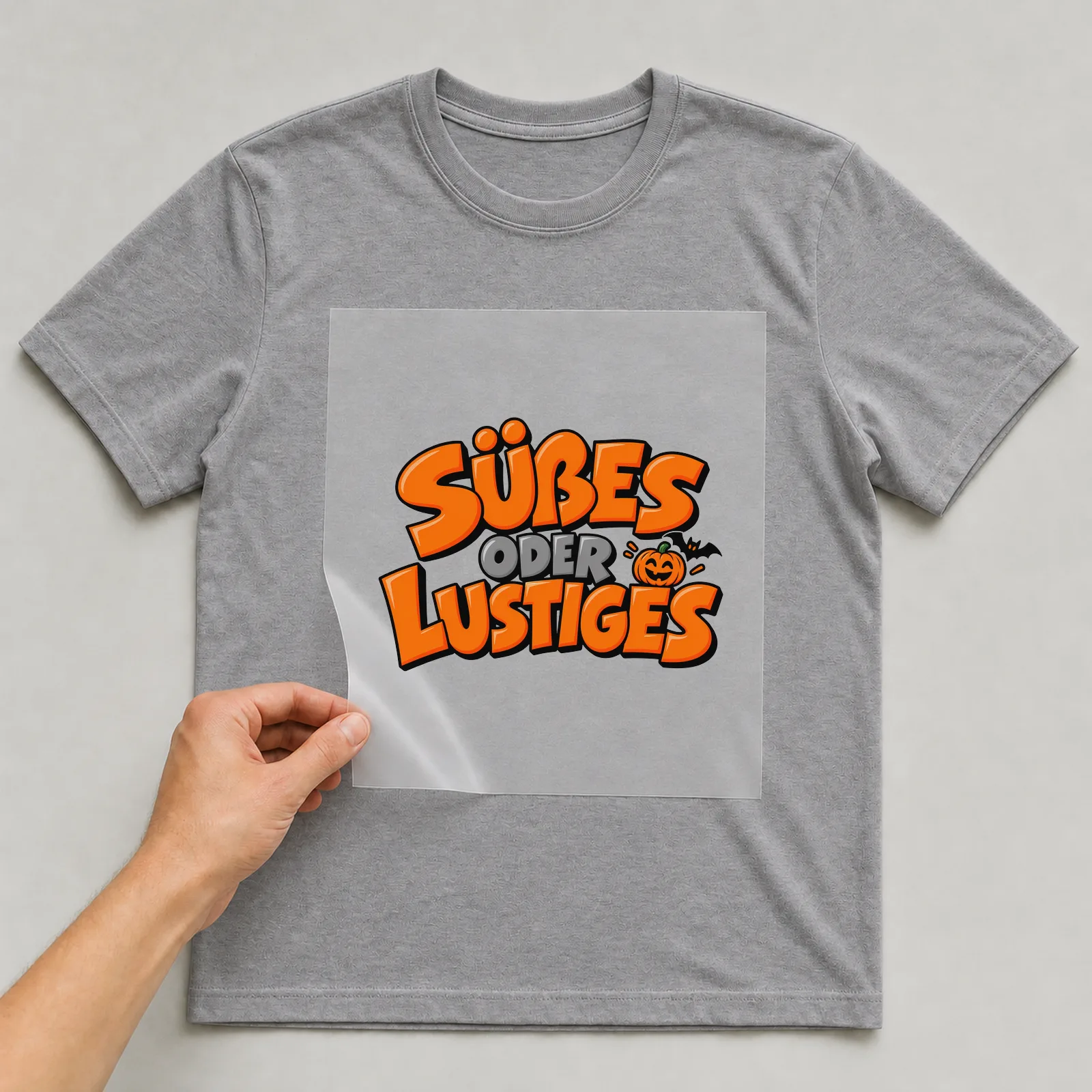 Bügelbild „Süßes oder Lustiges“ auf grauem T-Shirt, Folie wird aufgelegt