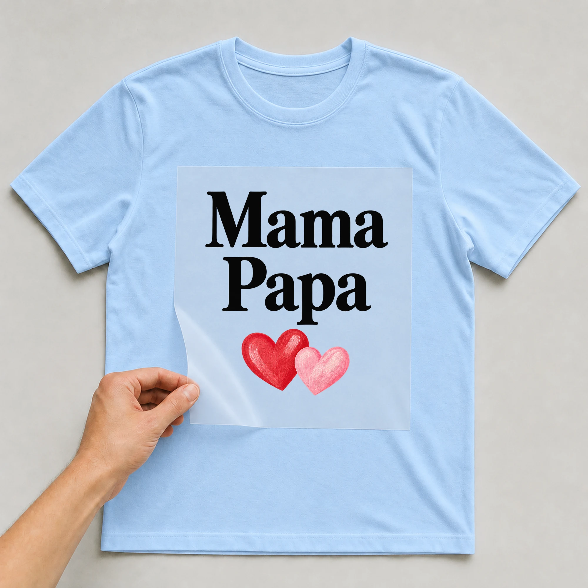 Bügelbild „Mama Papa“ auf babyblauem T-Shirt, Folie wird aufgelegt