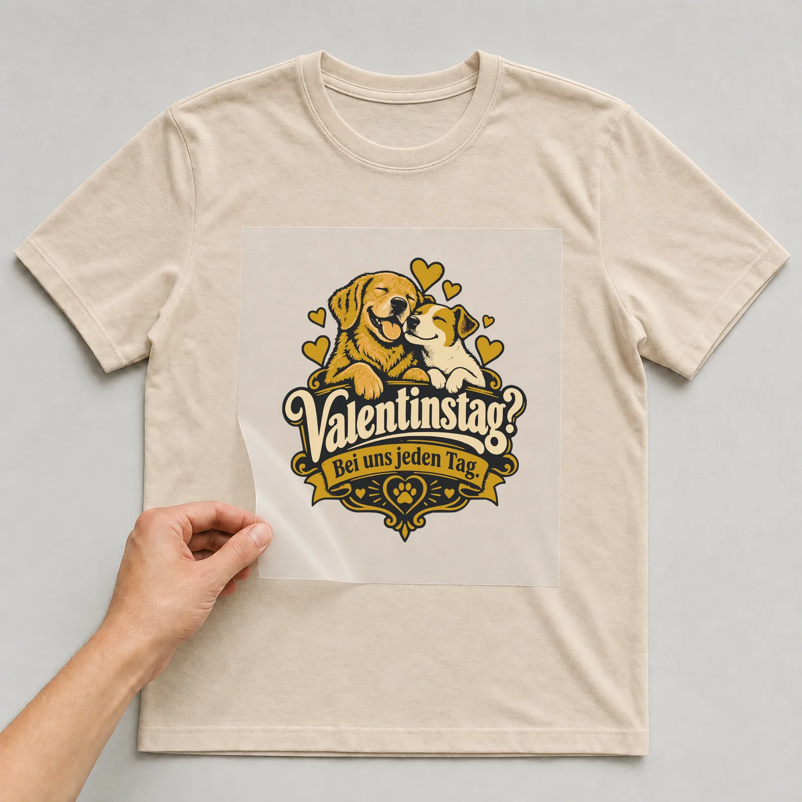 Bügelbild Valentinstag? Bei uns jeden Tag. auf beigem T-Shirt, Folie wird aufgelegt