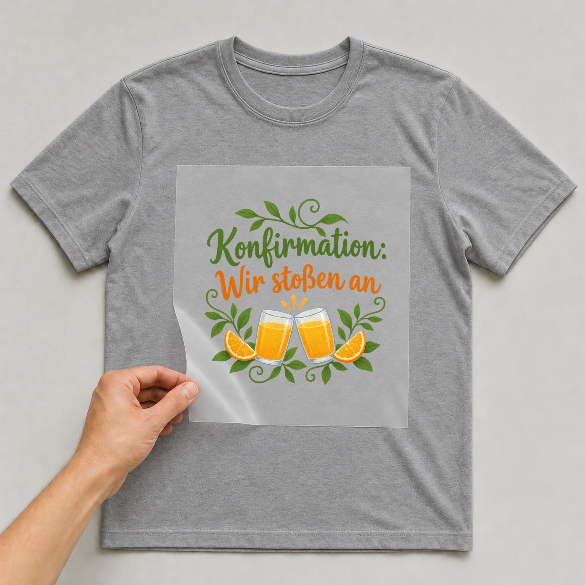 Bügelbild „Konfirmation: Wir stoßen an“ auf grauem T-Shirt, Folie wird aufgelegt